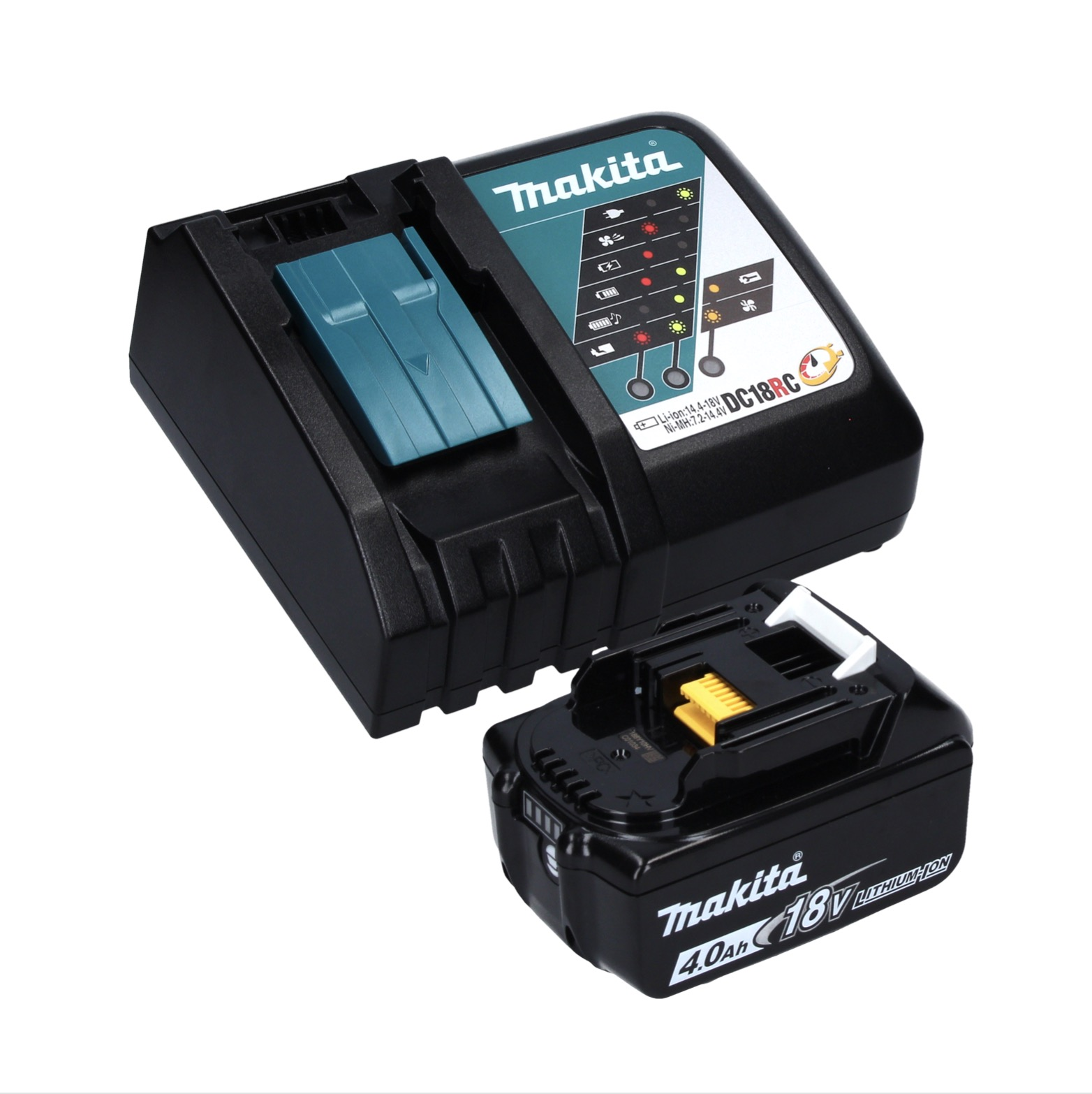 Makita-Batterieladegerät und -Batterie. Das Ladegerät ist schwarz und blaugrün, die Batterie ist schwarz. Beide haben das Makita-Logo.