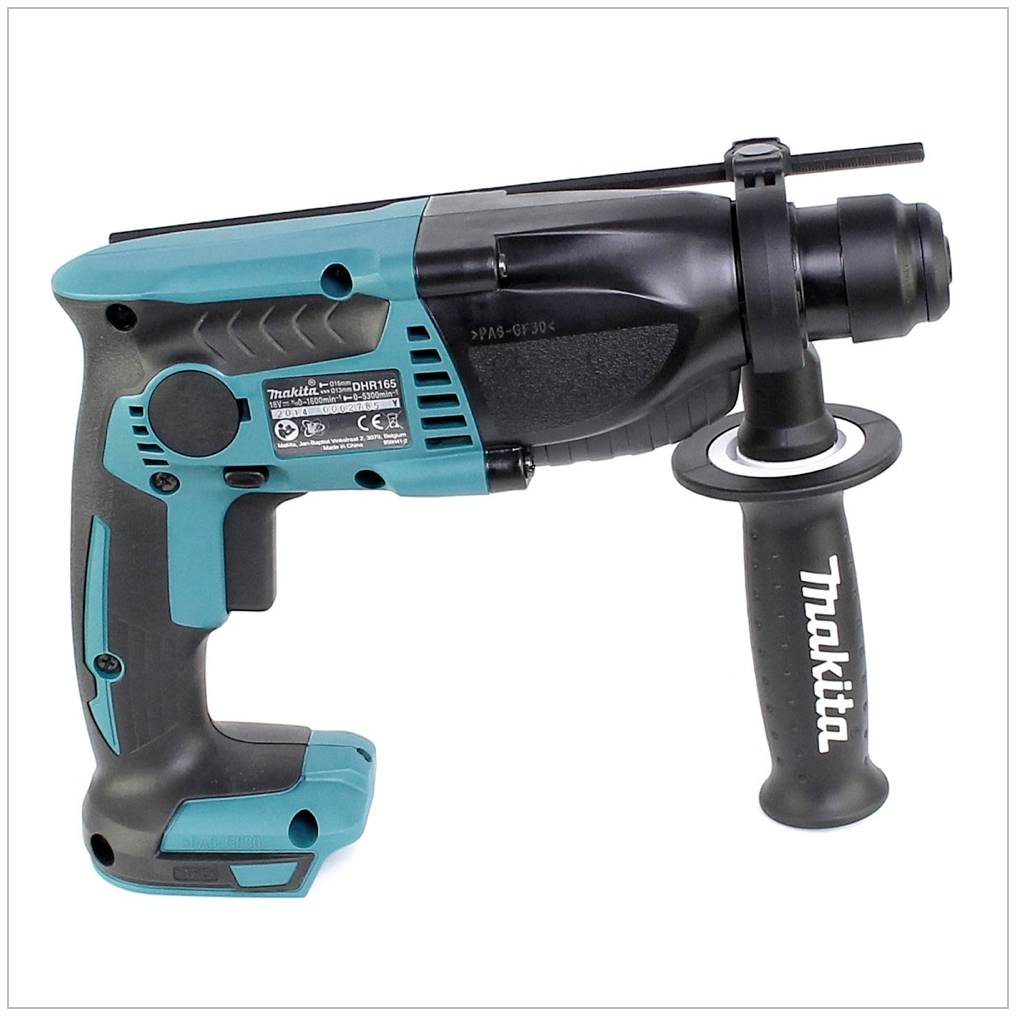 Ein teal-farbener und schwarzer Makita DHR165 Bohrhammer auf weißem Hintergrund. Er hat einen Seitenhandgriff und das Makita-Logo ist sichtbar.