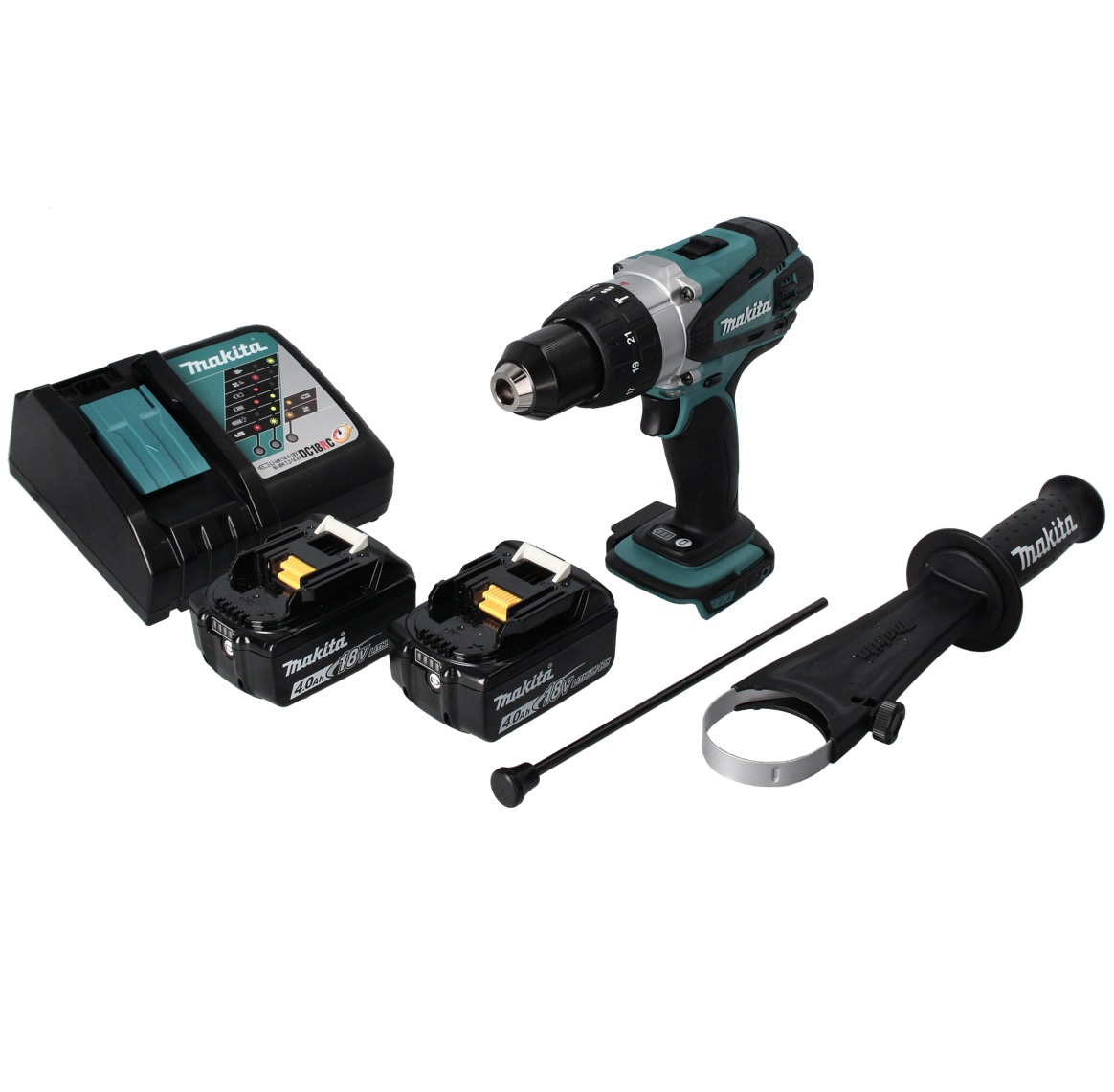 Ein Makita-Bohrer-Set mit Ladegerät, Akkus und Zubehör. Der Bohrer ist schwarz und türkis. Batterien sind schwarz mit gelben Akzenten.