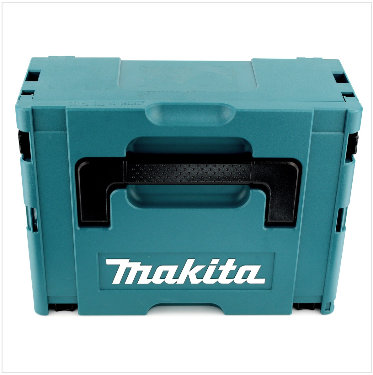 Eine türkisfarbene Makita-Werkzeugkiste. Sie hat einen schwarzen Griff und das Makita-Logo in Weiß. Die Box befindet sich auf weißem Hintergrund.