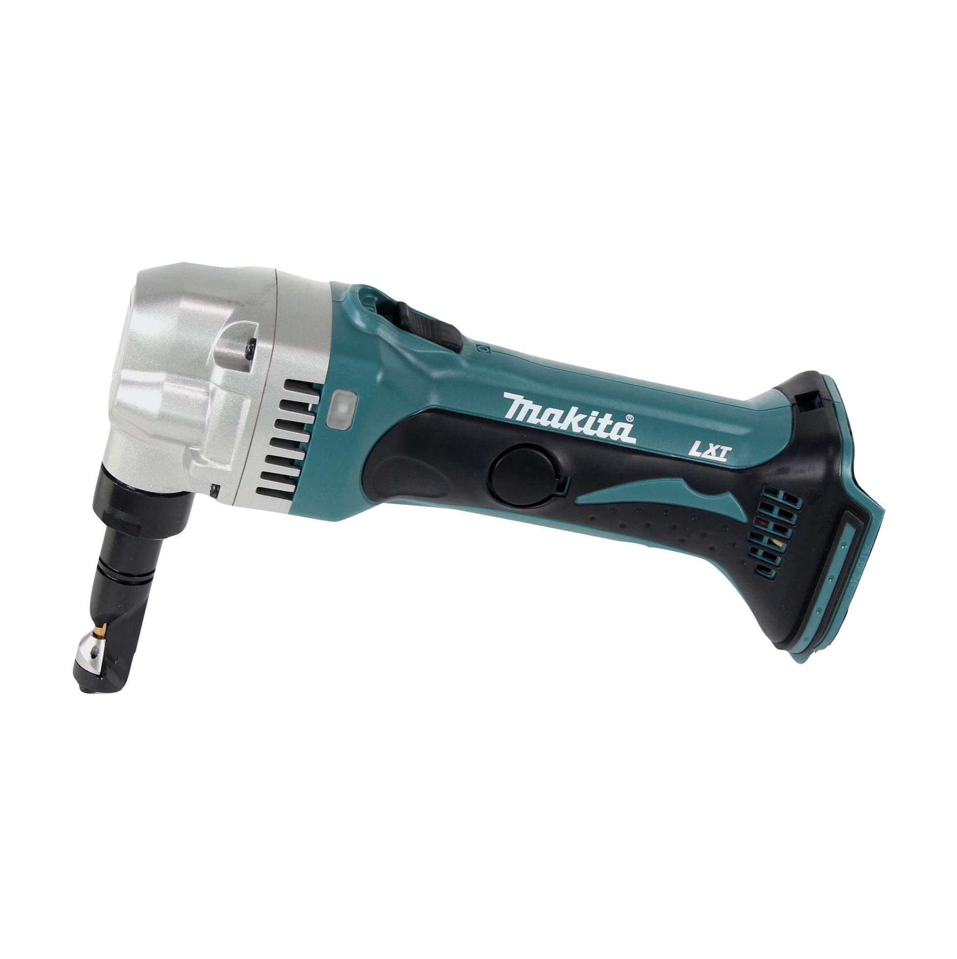 Ein teal-schwarzes Makita LXT-Elektrowerkzeug. Es hat einen silbernen Kopf und ein schwarzes Schneidende, vor weißem Hintergrund.