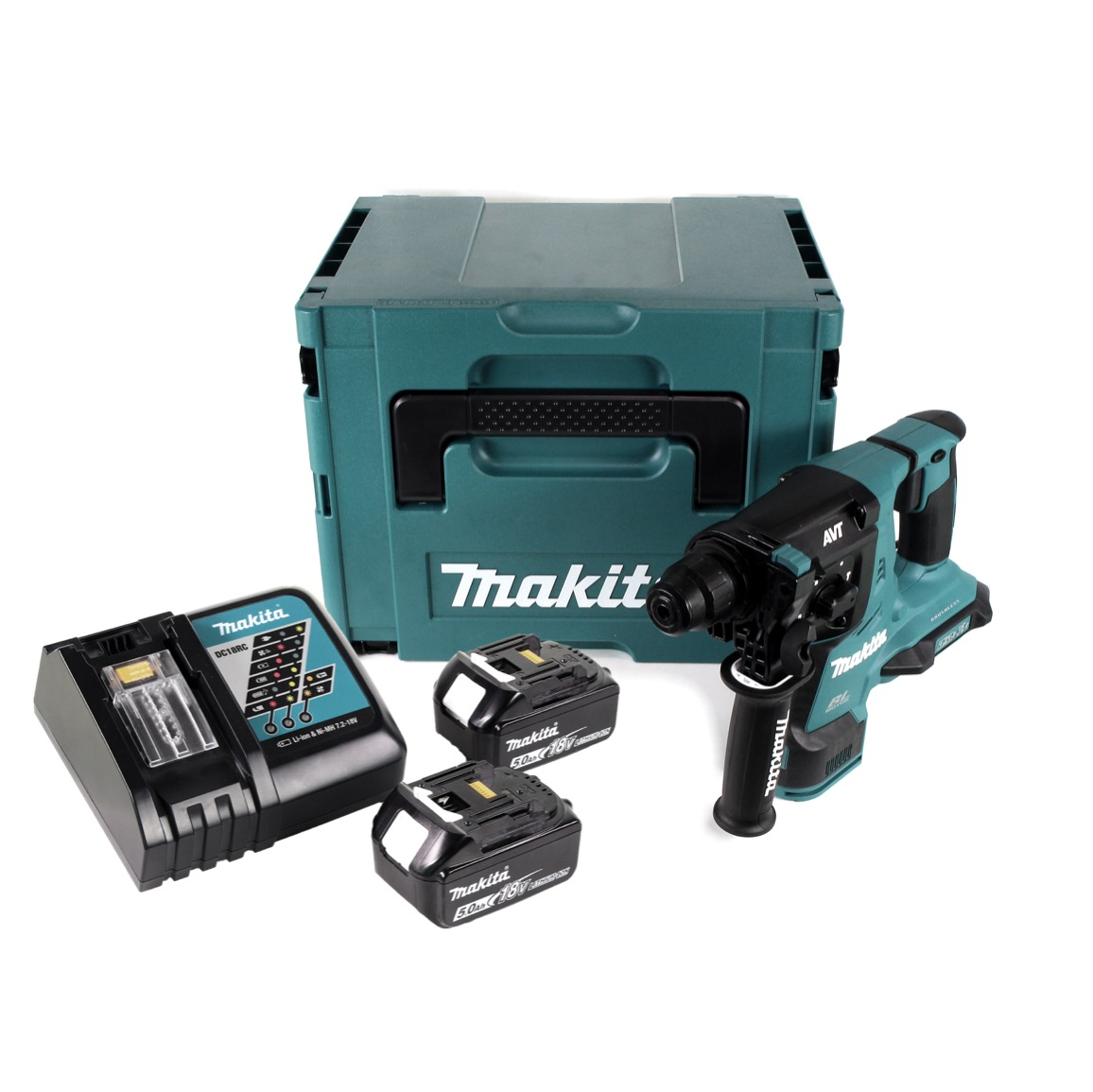 Ein Makita-Werkzeugset. Enthält einen teal-farbenen und schwarzen Bohrer, ein Ladegerät, zwei Batterien und einen teal-farbenen Aufbewahrungskoffer.