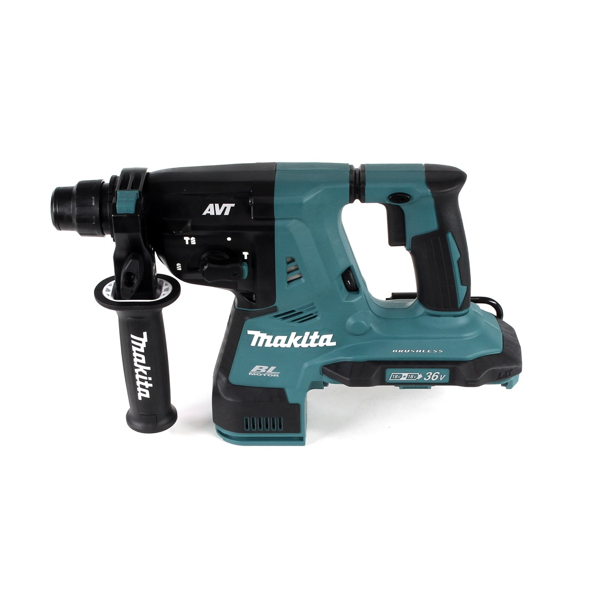 Ein schnurloser Makita-Hammerbohrer in Teal und Schwarz auf weißem Hintergrund. Details sind das Makita-Logo und 36V.