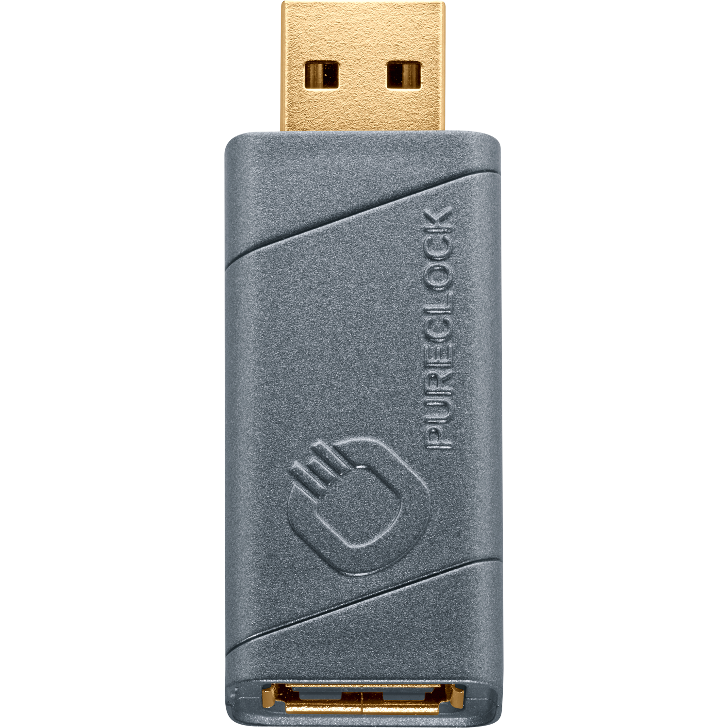 Ein grauer USB-Adapter mit goldenen Anschlüssen. Der Text "PURECLOCK" ist sichtbar. Ein Handlogo ist ebenfalls vorhanden.