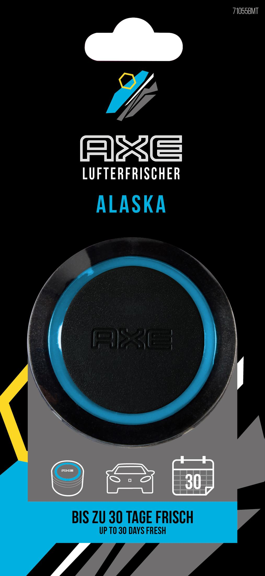 Axe Alaska Lufterfrischer. Schwarz-blaues Design mit Logo. Bis zu 30 Tage frisch. Weiße wolkenartige Form oben.