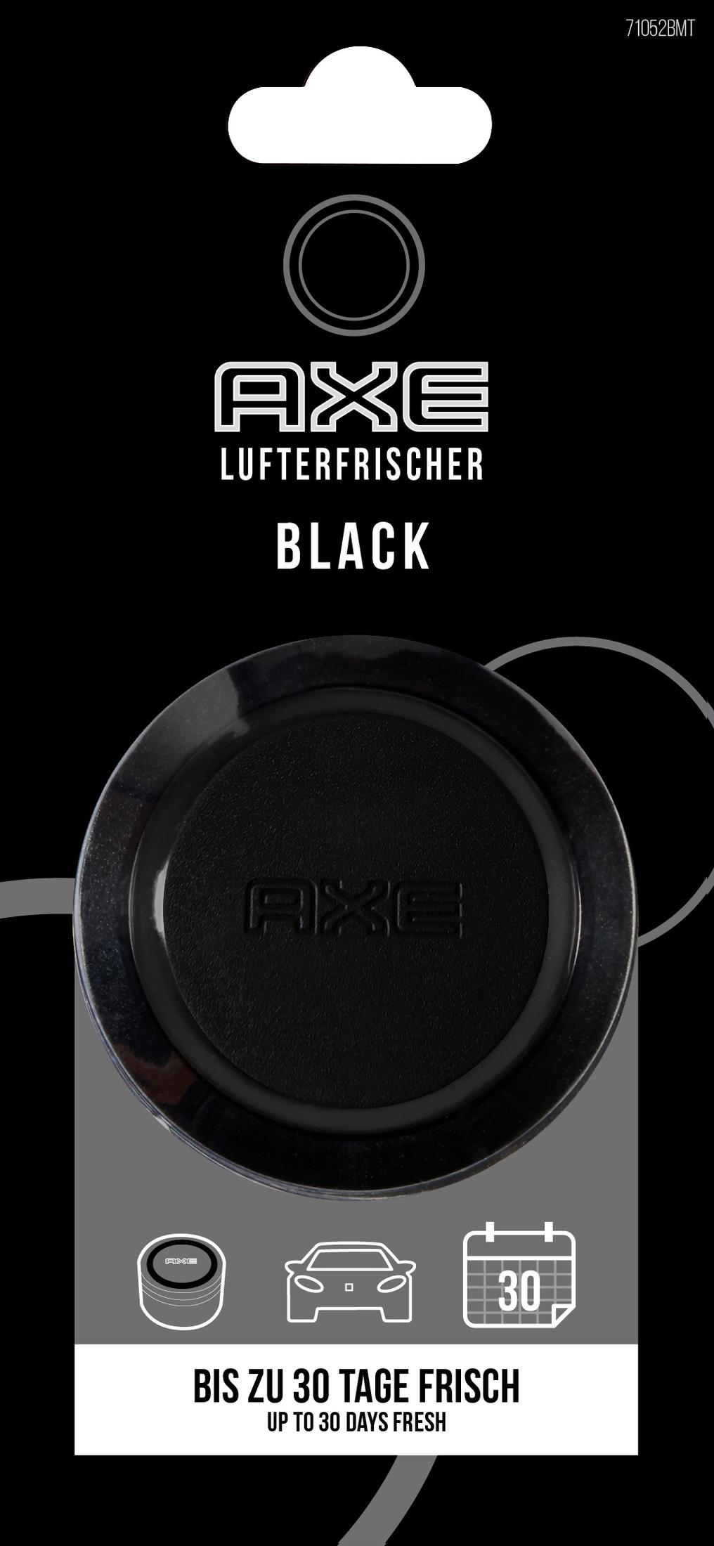 Schwarzer Axe-Lufterfrischer. Mit Axe-Logo, rundem Erfrischer und Text, der besagt, dass er bis zu 30 Tage hält. Schwarzer Hintergrund.
