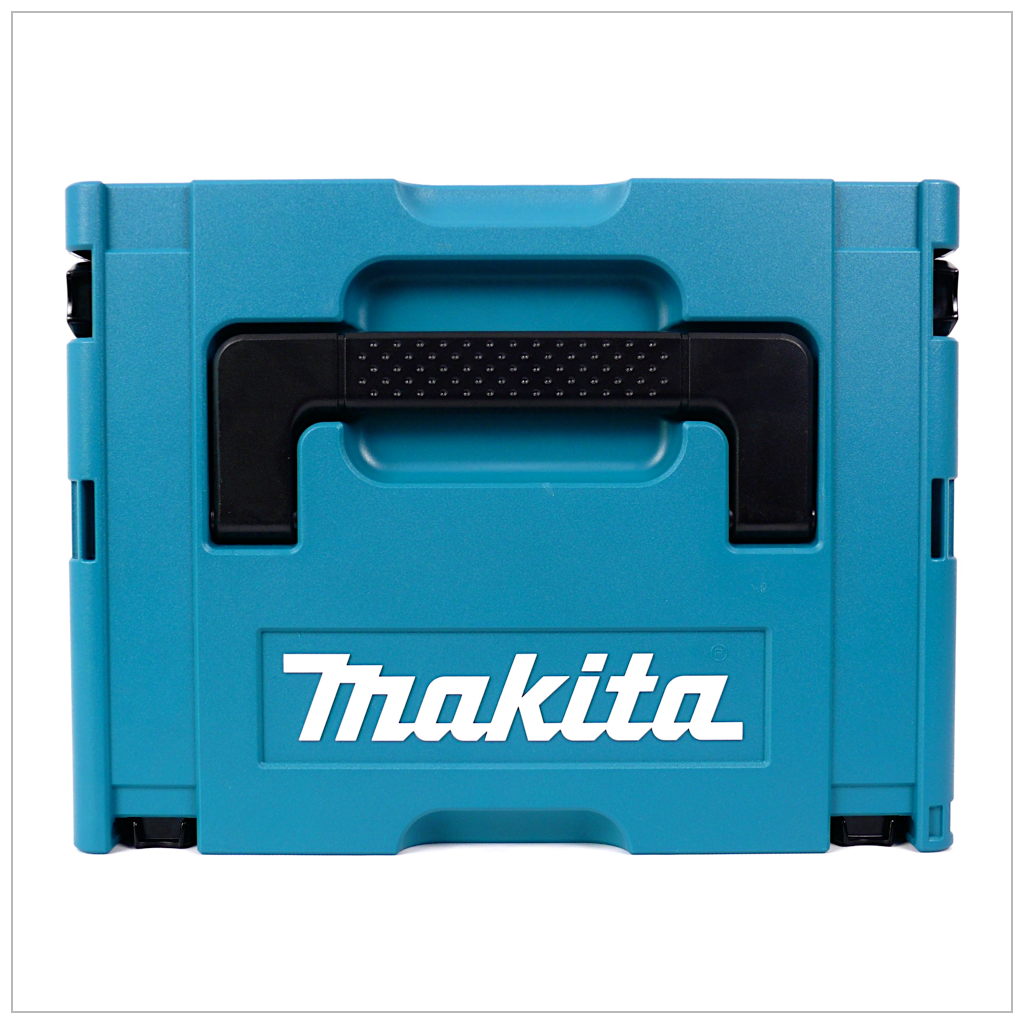 Eine türkisfarbene Makita-Werkzeugkiste, geschlossen. Sie hat einen schwarzen Griff und den Markennamen in Weiß. Die Box steht auf weißem Hintergrund.