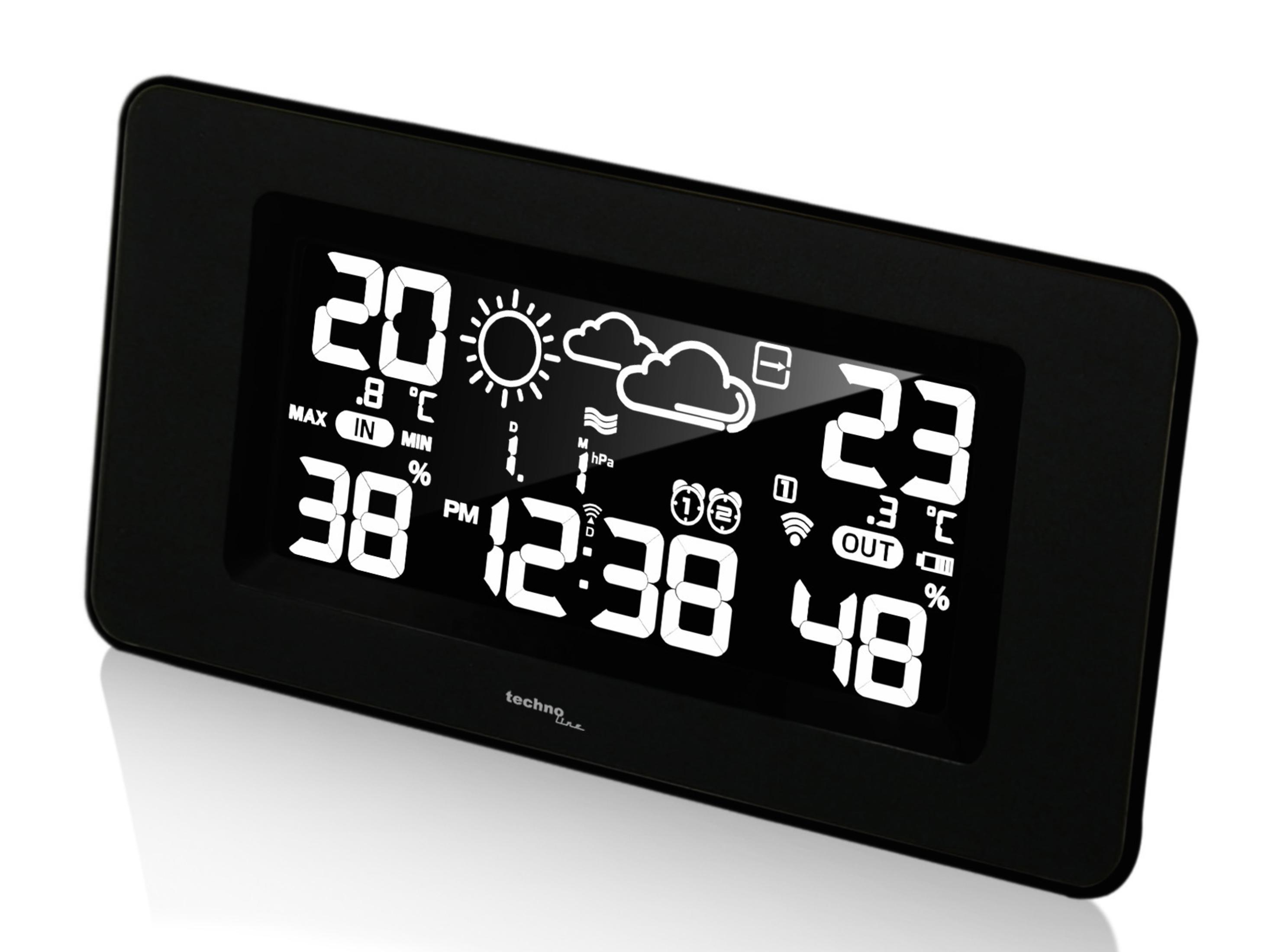 Stazione meteorologica digitale nera che mostra ora, temperatura, umidità e simboli meteo. Marchio Techno Line.