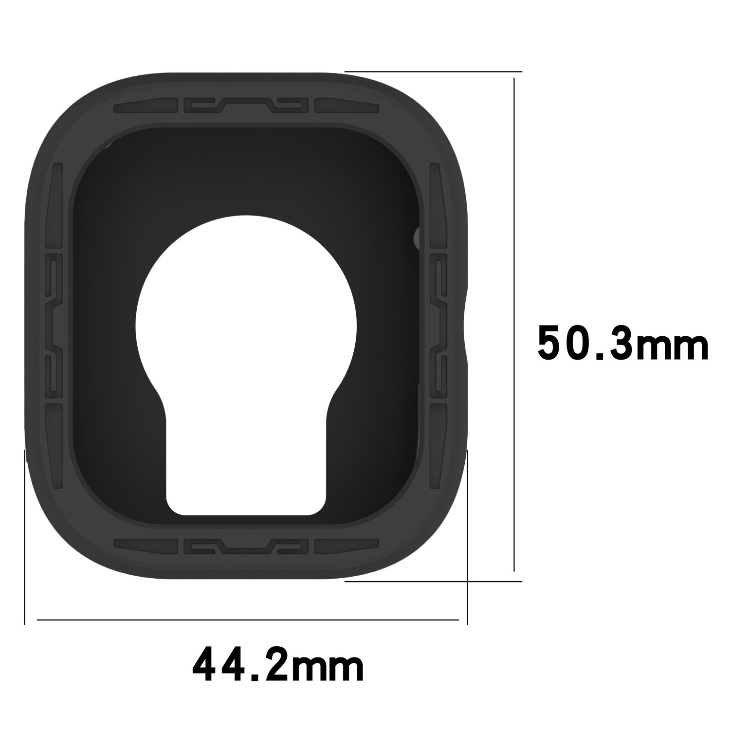 Czarny, kwadratowy futerał ochronny z zaokrąglonym wycięciem na obiektyw. Wymiary: 44,2 mm szerokości, 50,3 mm wysokości.
