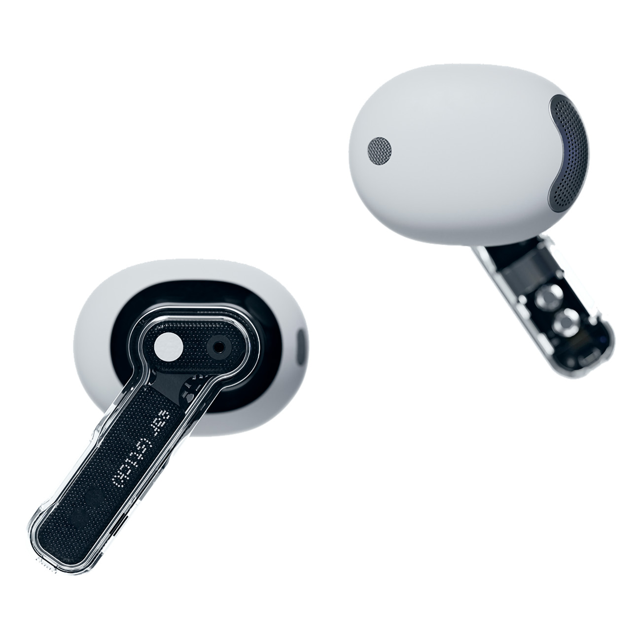 Dos auriculares inalámbricos blancos sobre un fondo blanco. Uno inclinado hacia abajo, el otro hacia arriba. Ambos muestran detalles en negro y plata.