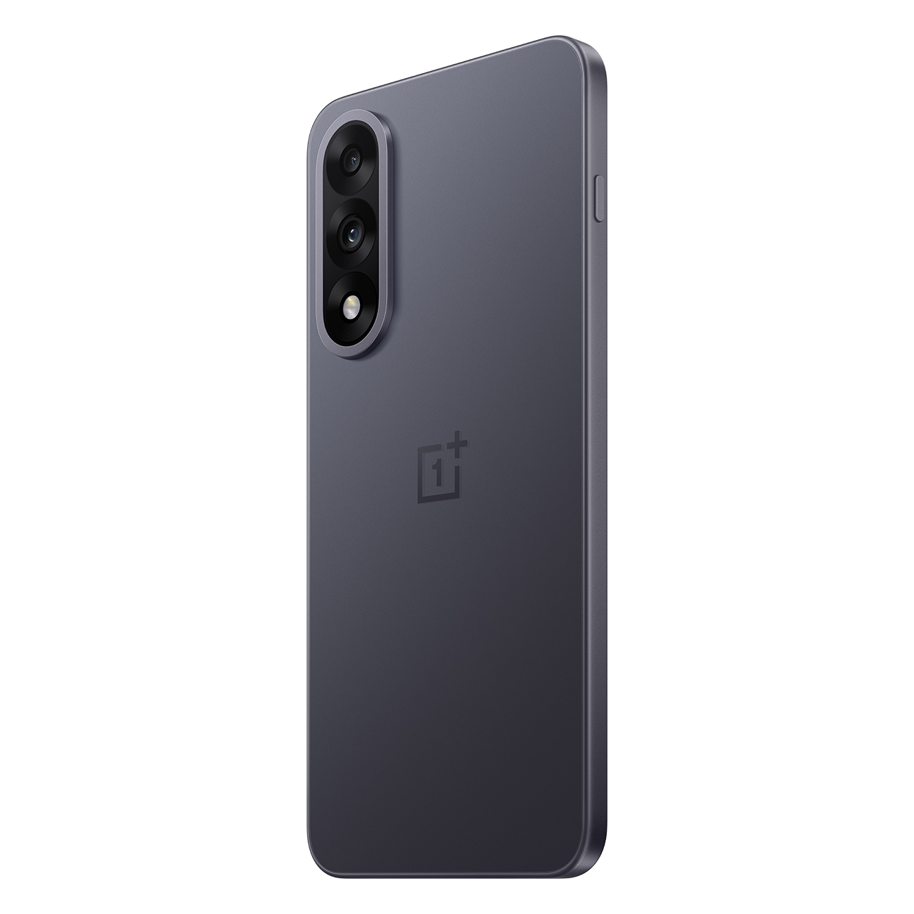 Ciemnoszary smartfon z potrójnym aparatem i logo OnePlus. Telefon jest ustawiony pod kątem, pokazując tył i bok.
