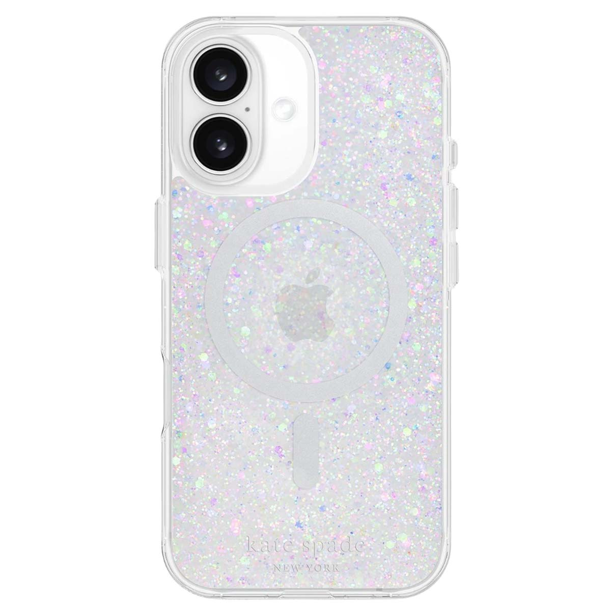 Custodia trasparente per iPhone con glitter e logo Apple. C'è un logo Kate Spade New York in basso. La fotocamera è visibile.