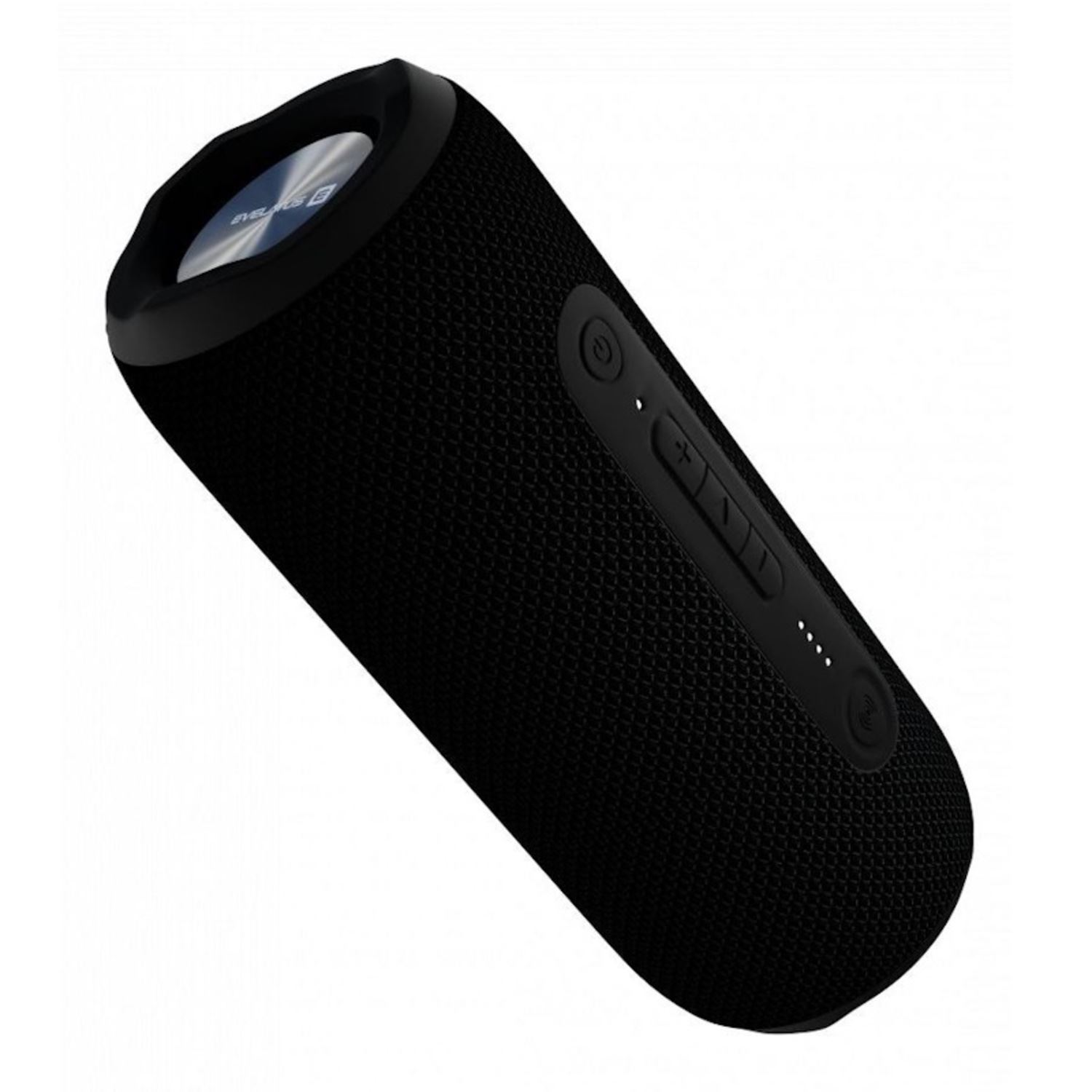 Altoparlante Bluetooth cilindrico nero. Con pulsanti di controllo. La parte superiore ha un logo argentato. Texture simile alla rete.