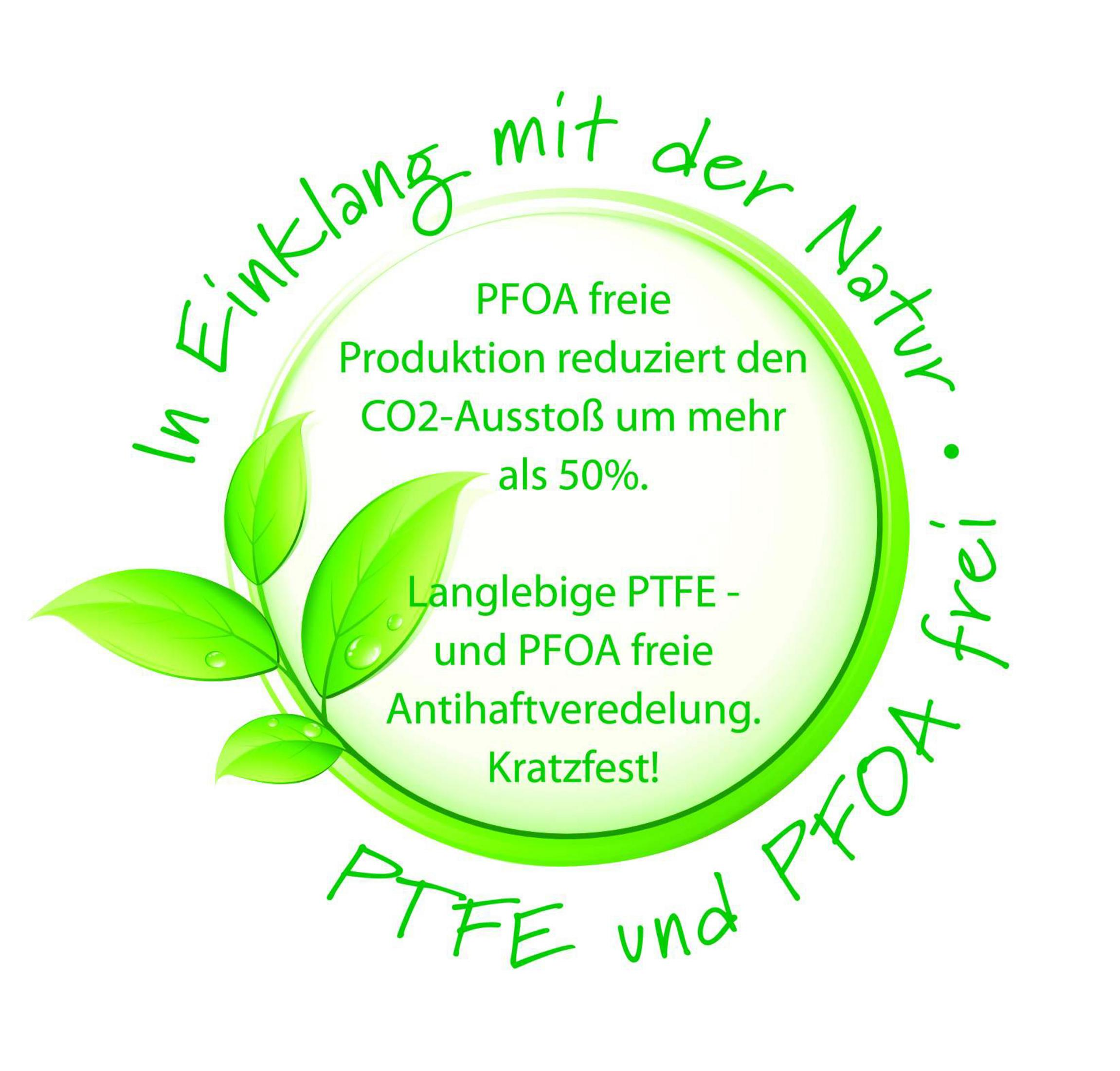 Grüne Blätter mit Wassertropfen und Text in Grün, mit dem Hinweis auf PFOA-frei, langlebiges PTFE und Antihaftbeschichtung.