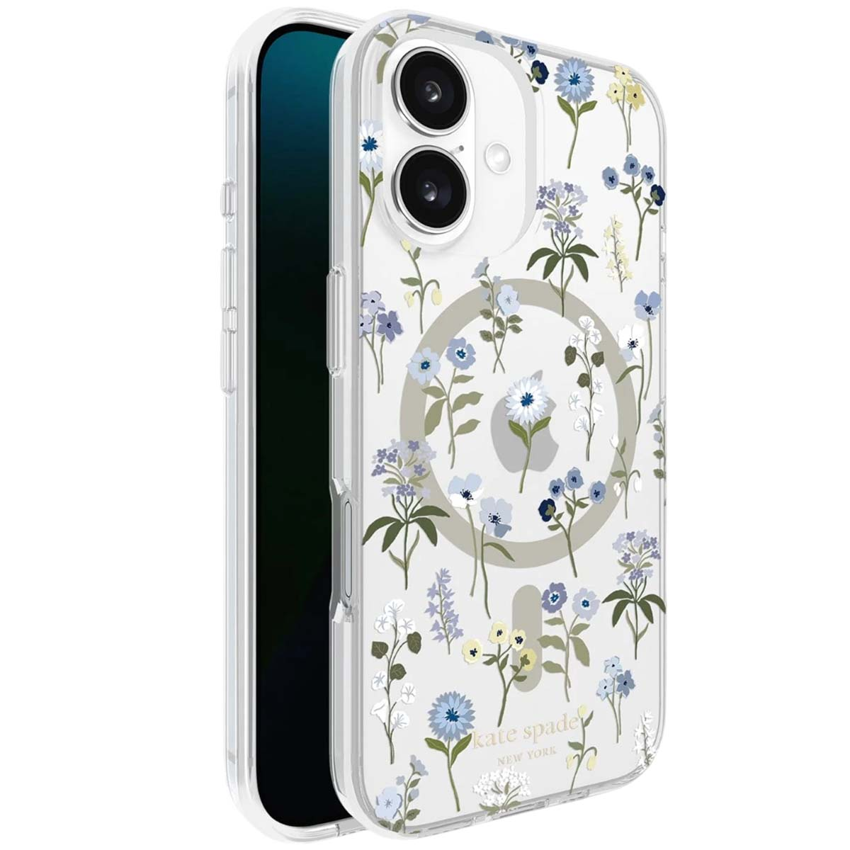 Uno smartphone in una custodia trasparente con un motivo floreale. La custodia è decorata con fiori blu, bianchi e gialli.