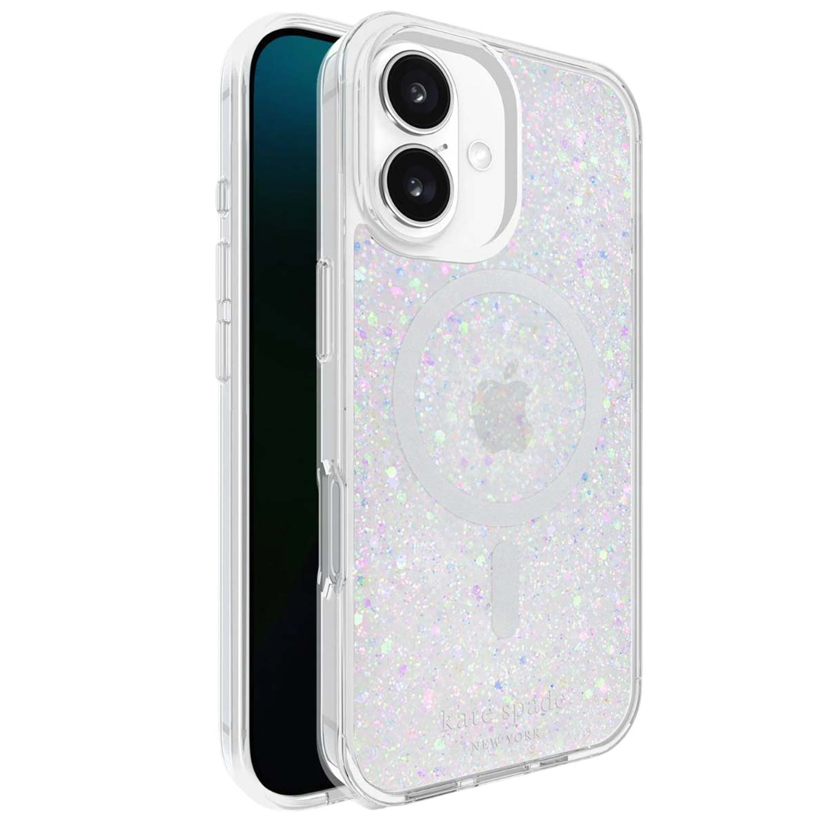 Una custodia trasparente per telefono con glitter. All'interno della custodia c'è un telefono nero. La custodia ha un magnete circolare e un logo Apple.
