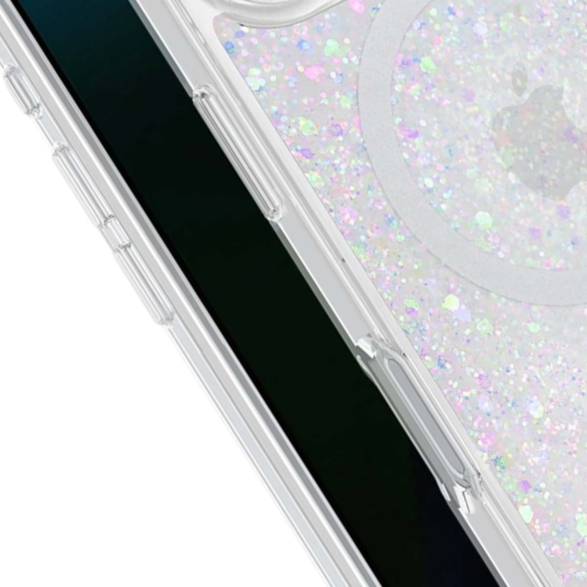 Una custodia trasparente per telefono piena di brillantini. La custodia è angolata, mostrando il lato con i pulsanti e il retro con i brillantini.