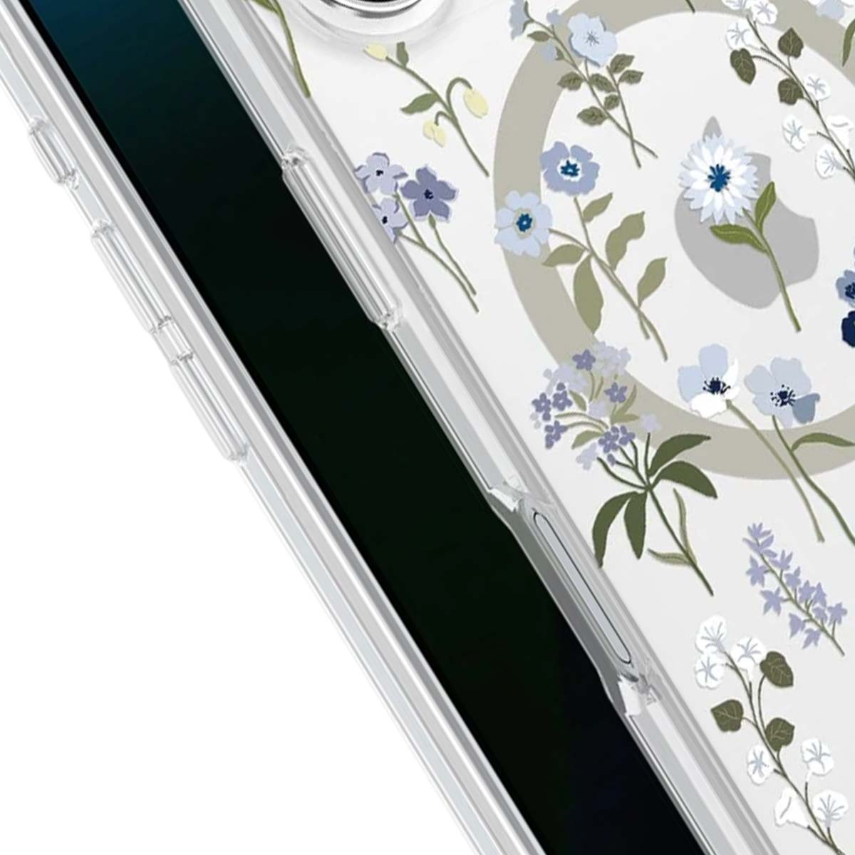 Primo piano di una custodia per telefono con un design floreale. Il design include fiori blu e bianchi e foglie verdi su uno sfondo trasparente.