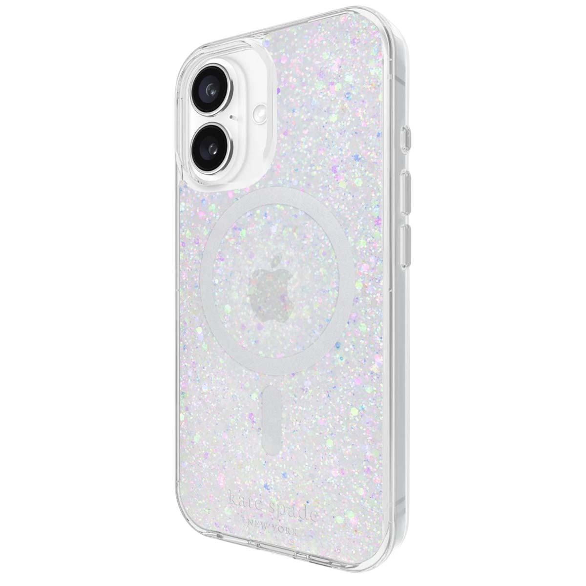 Custodia trasparente per telefono con glitter. Ha un ritaglio per la fotocamera, pulsanti laterali e un anello MagSafe con logo Apple.