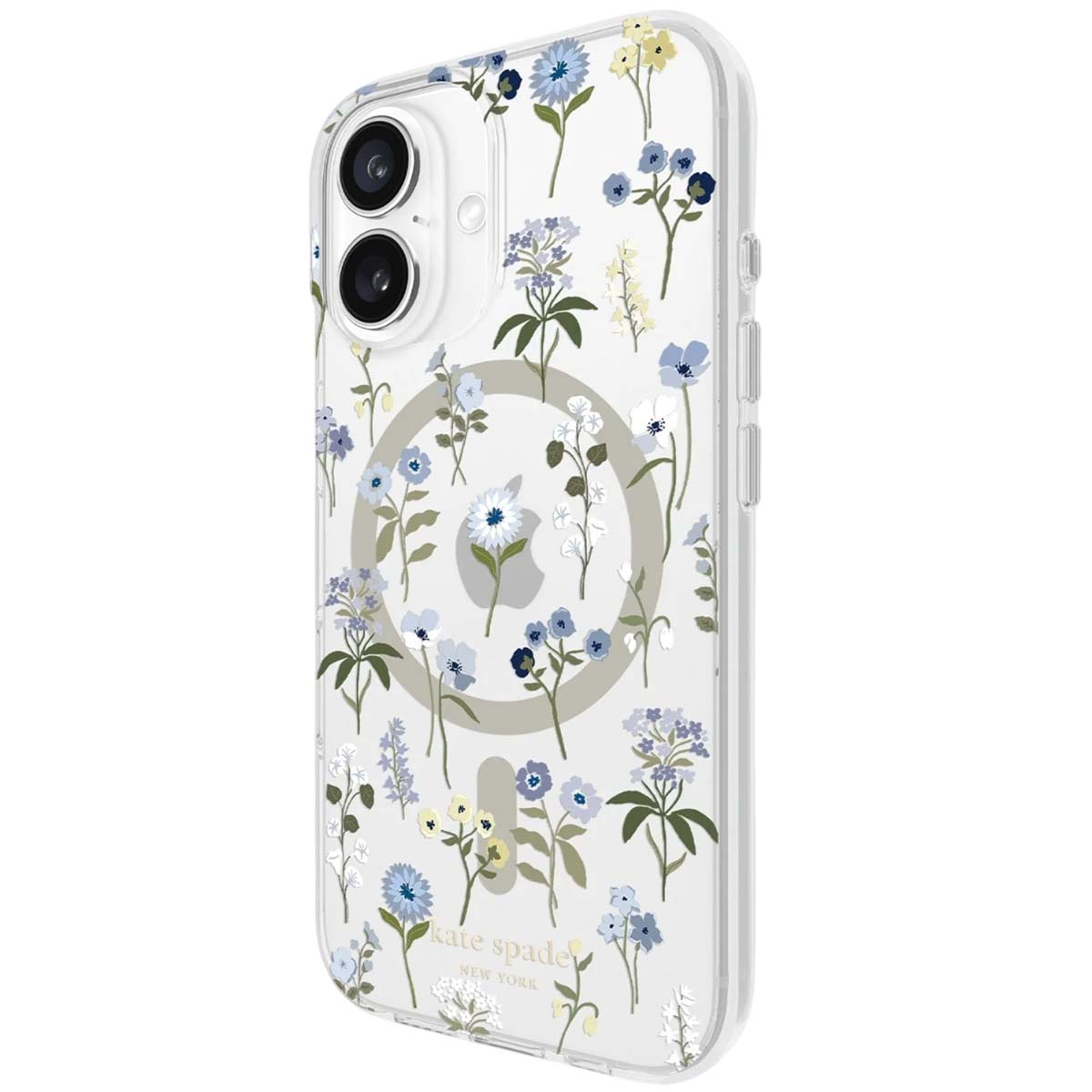 Custodia trasparente per telefono con design floreale. Fiori blu, bianchi e gialli sparsi. Logo Apple visibile.