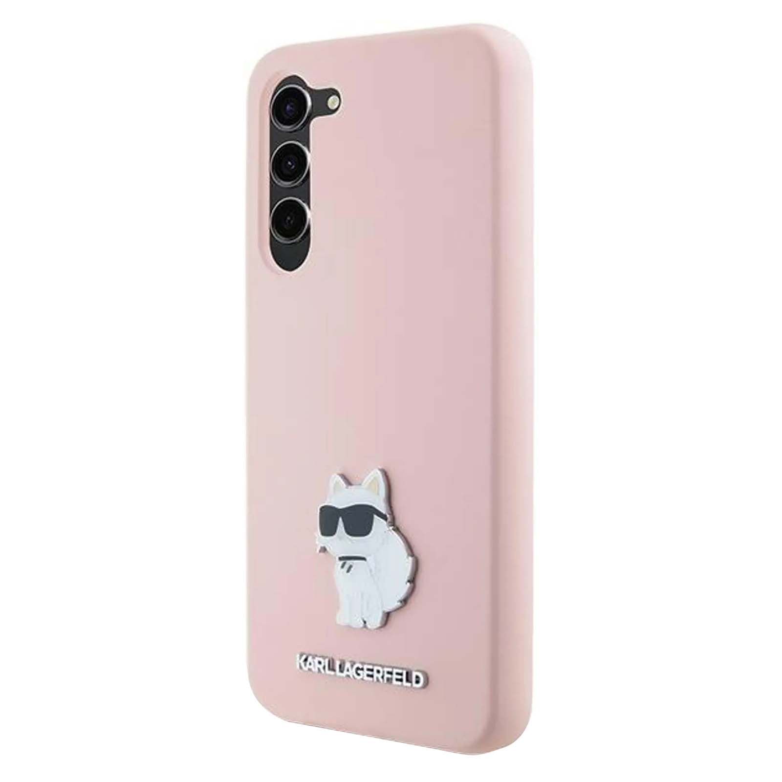 Rosa Handyhülle mit Katze, die Sonnenbrille trägt. Schwarze Kameralinsen oben. Karl Lagerfeld Logo unten.