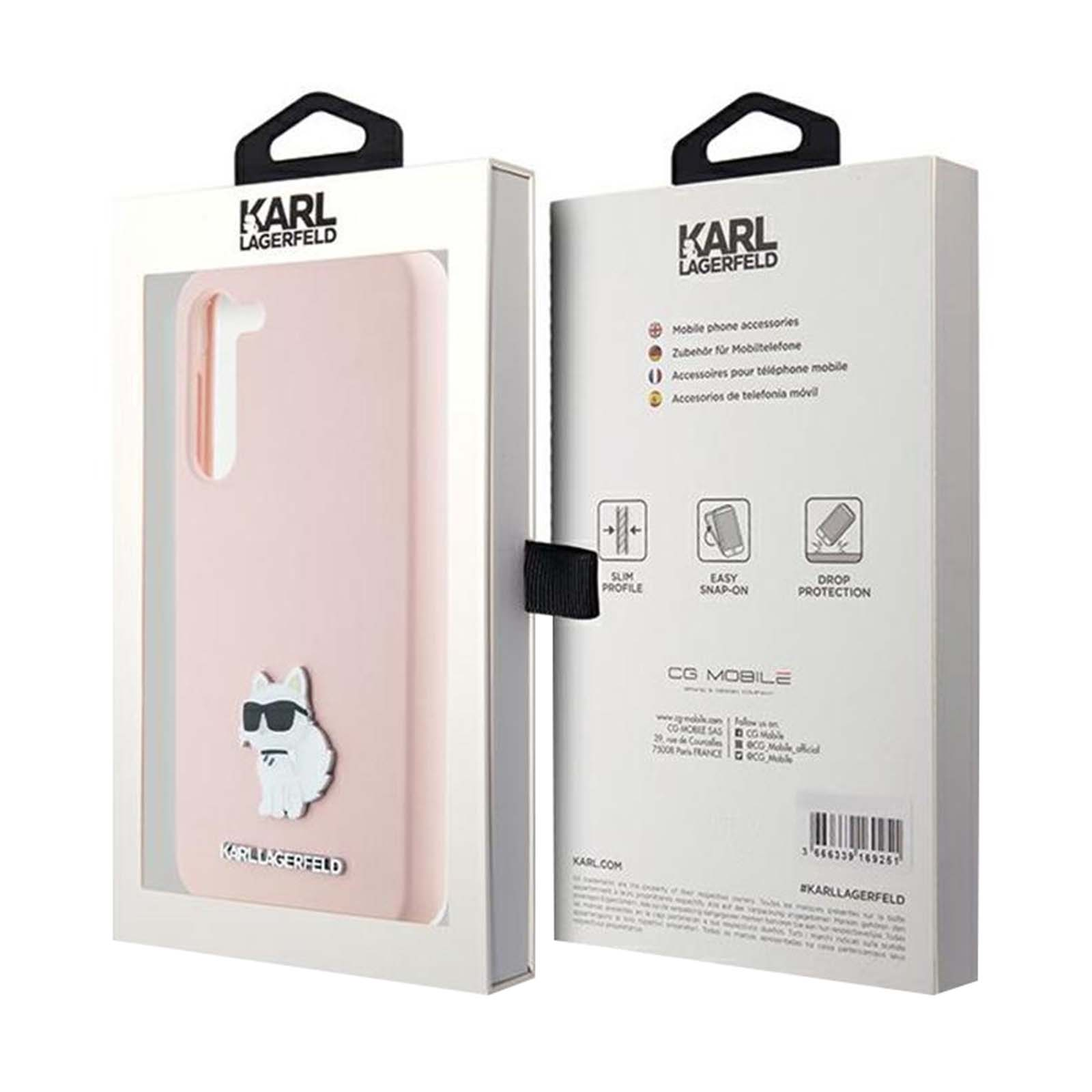 Eine Handyhüllenbox mit dem Karl Lagerfeld Logo. Die Hülle ist rosa, hat ein Katzendesign und den Markennamen.