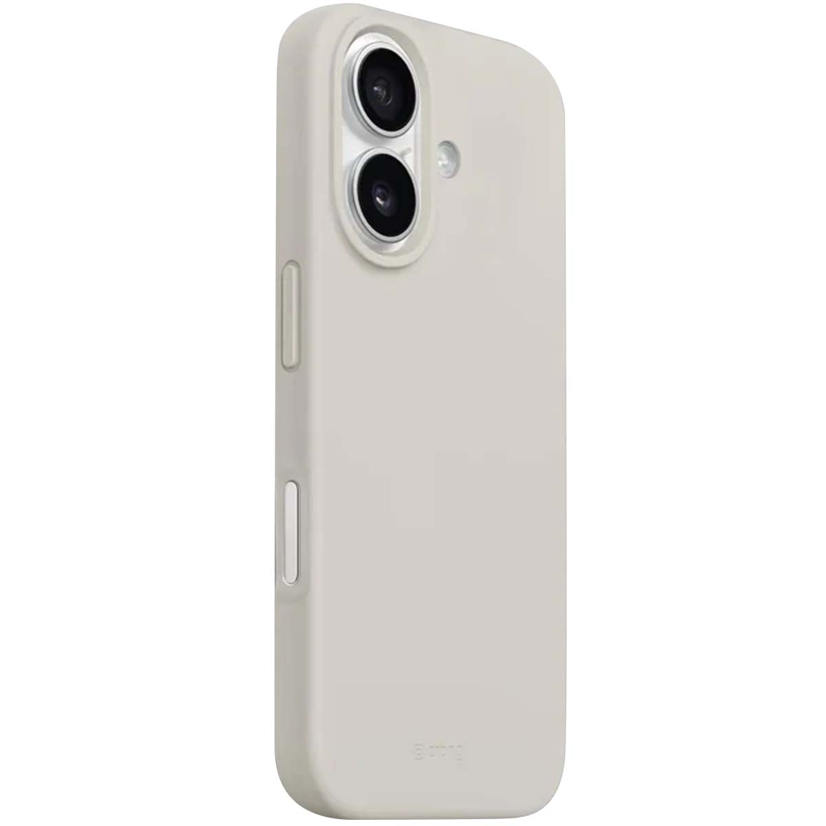 Una custodia per telefono grigio chiaro con due obiettivi e un flash. La custodia ha pulsanti laterali e un marchio.