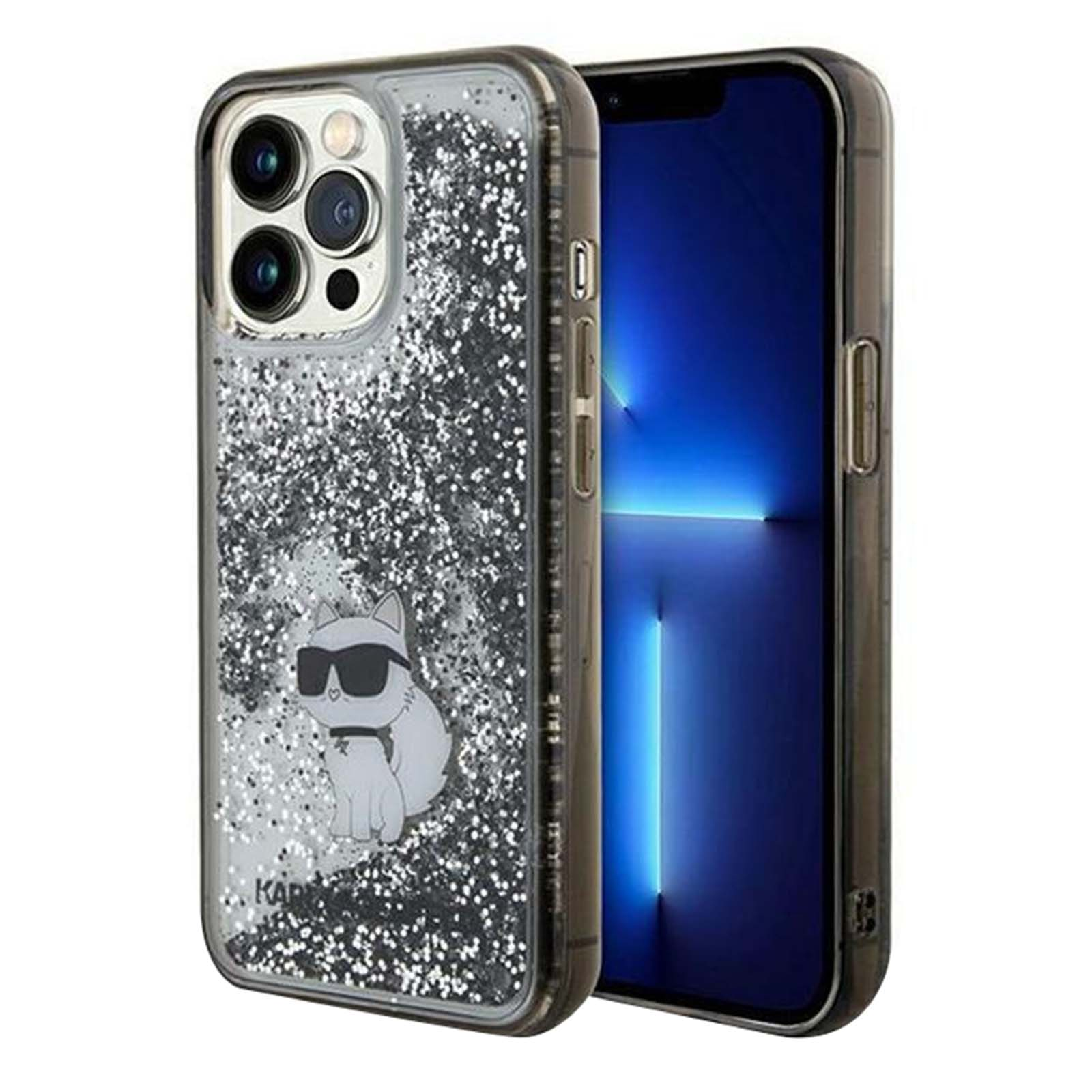 Un telefono racchiuso in una custodia glitterata con un gatto con occhiali da sole. Lo schermo del telefono è blu e nero.