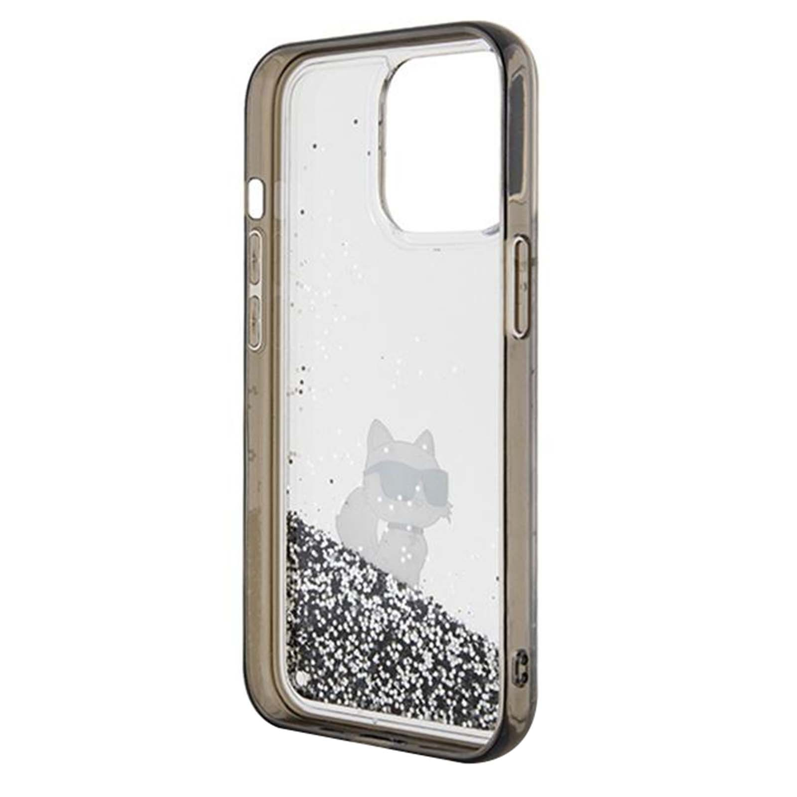 Custodia trasparente per telefono con gatto con occhiali da sole. Glitter in basso. Tonalità nere e grigie.