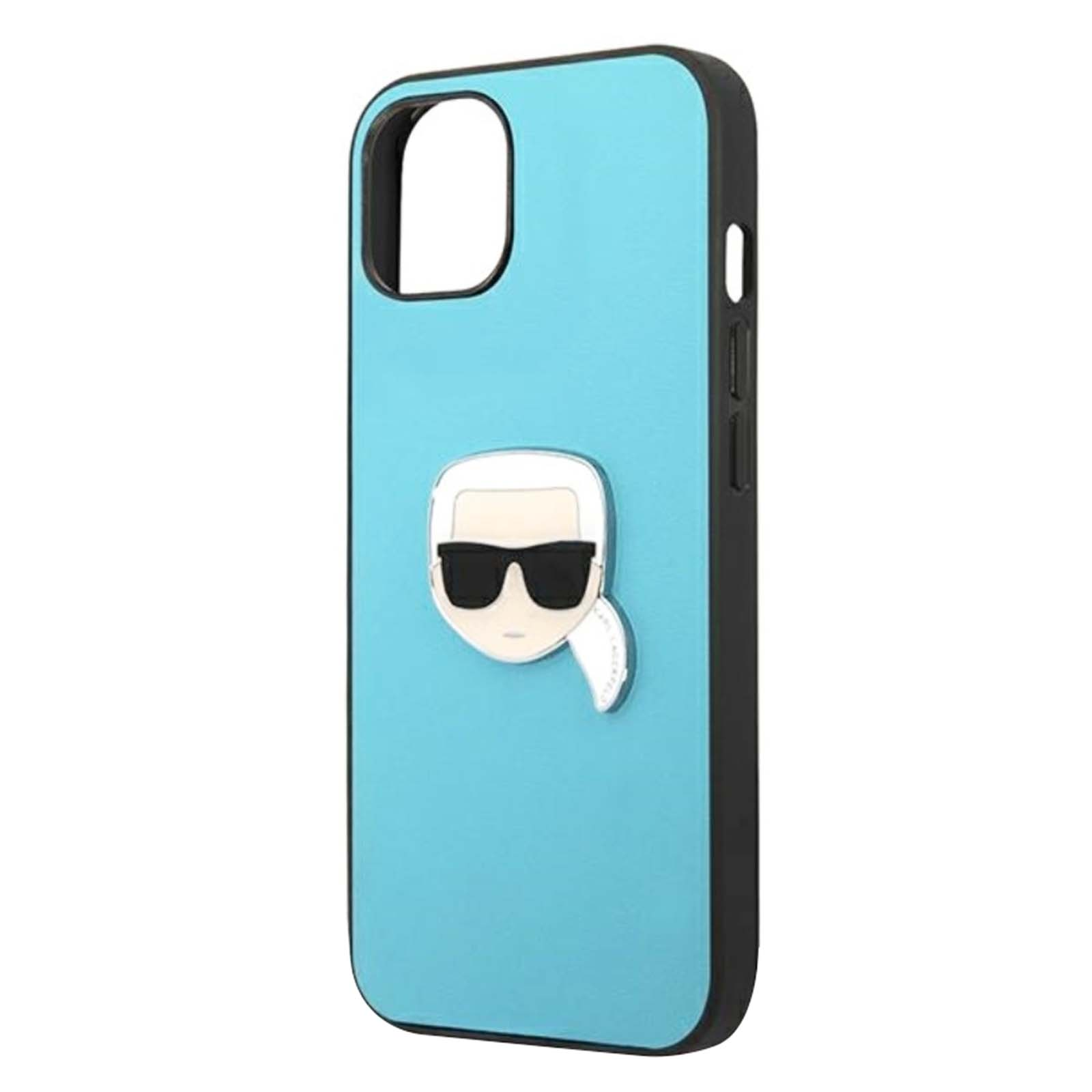 Una custodia per telefono blu con bordo nero e un design di Karl Lagerfeld, con occhiali da sole e coda di cavallo.