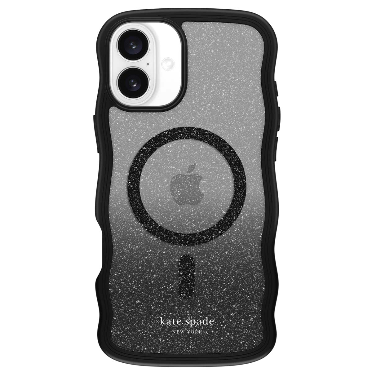 Custodia nera con sfumatura glitterata, logo Apple e Kate Spade. La fotocamera del telefono è visibile sopra.