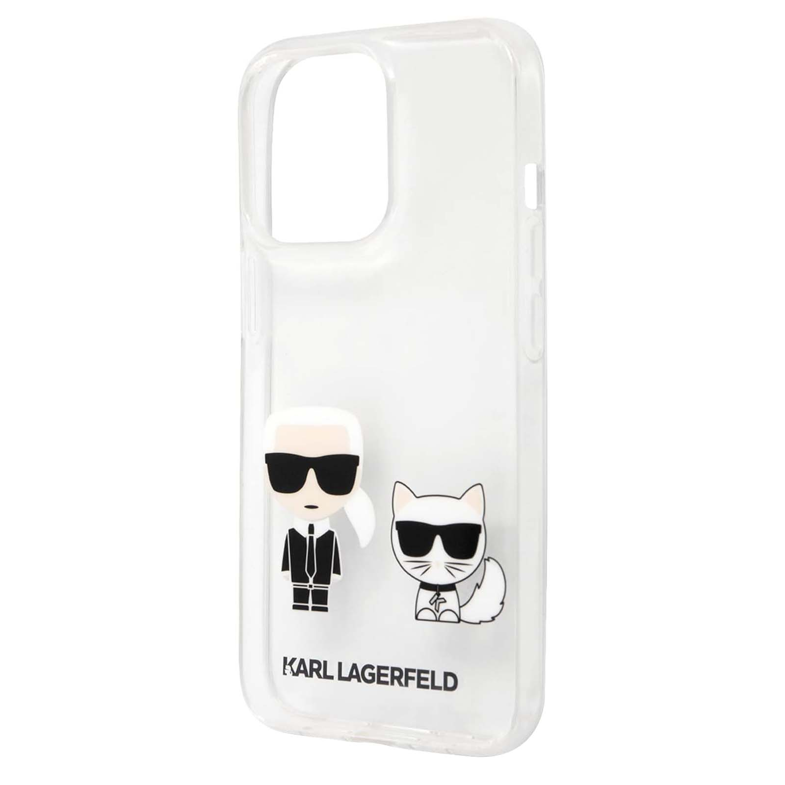 Custodia trasparente per telefono con personaggi di Karl Lagerfeld. Presenta Karl e un gatto dei cartoni animati, entrambi con occhiali da sole. Il marchio è in mostra.