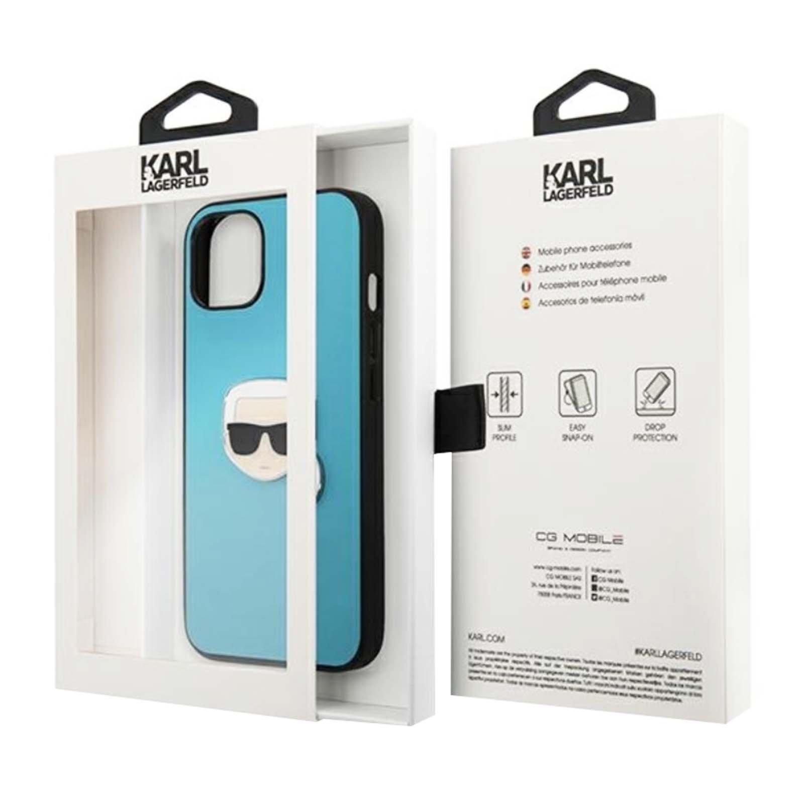 Una custodia per telefono in una scatola. La custodia è azzurra con un design Karl Lagerfeld. La scatola è bianca con testo nero.