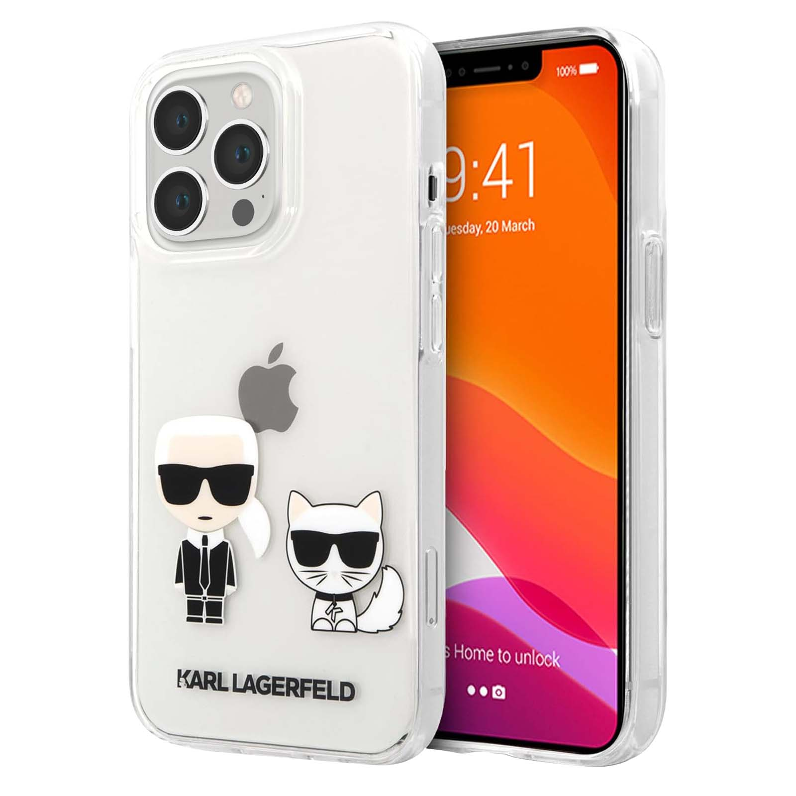 Custodia trasparente con personaggi di Karl Lagerfeld e gatto, schermo iPhone mostra ora e data.