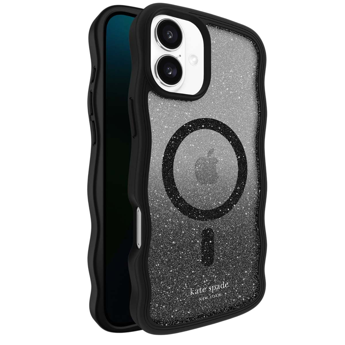 Un iPhone in una custodia nera con effetto glitter e un cerchio nero. La custodia ha un logo Kate Spade.