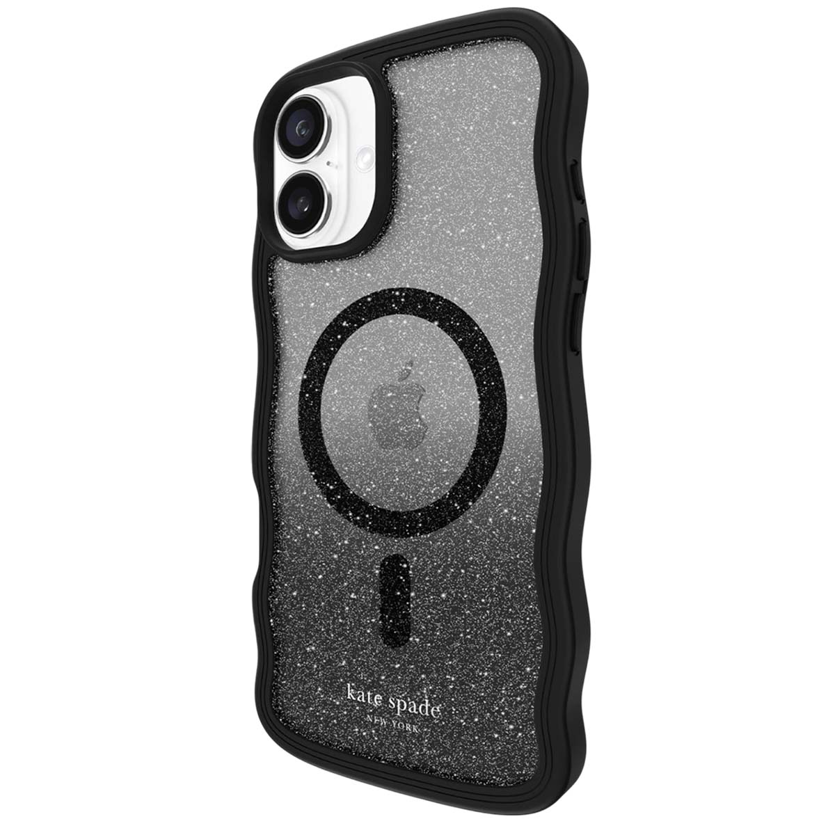 Custodia nera per iPhone con effetto glitter. Con doppia fotocamera, logo Apple e marchio "kate spade new york".