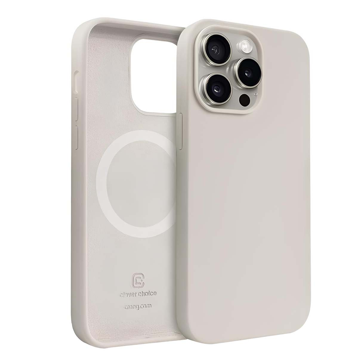 Una custodia per telefono grigio chiaro, aperta per rivelare l'interno. La custodia ha un ritaglio per la fotocamera e un cerchio di ricarica magnetica.