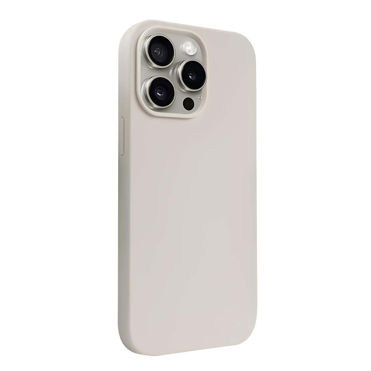 Viene mostrato un iPhone grigio chiaro con tre fotocamere. Il telefono è in una custodia grigio chiaro. Lo sfondo è bianco.