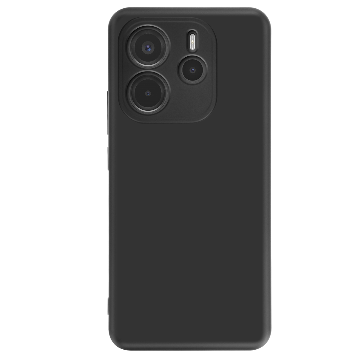 Un smartphone noir, vue arrière, avec trois objectifs et un flash. Le téléphone est dans une coque de protection.