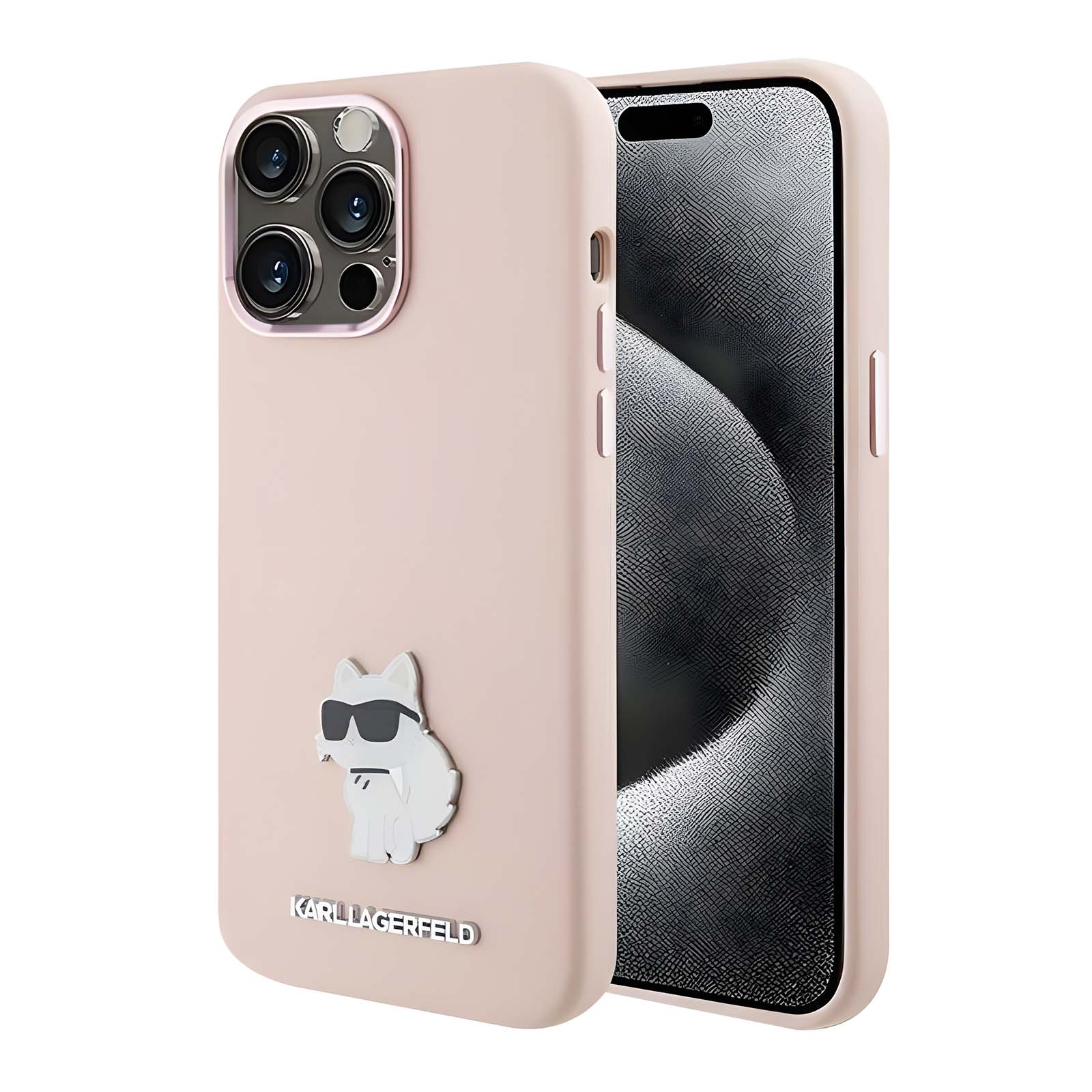 Eine rosa Handyhülle mit einer Katze mit Sonnenbrille liegt neben einem Handy. Das Karl Lagerfeld Logo ist sichtbar.