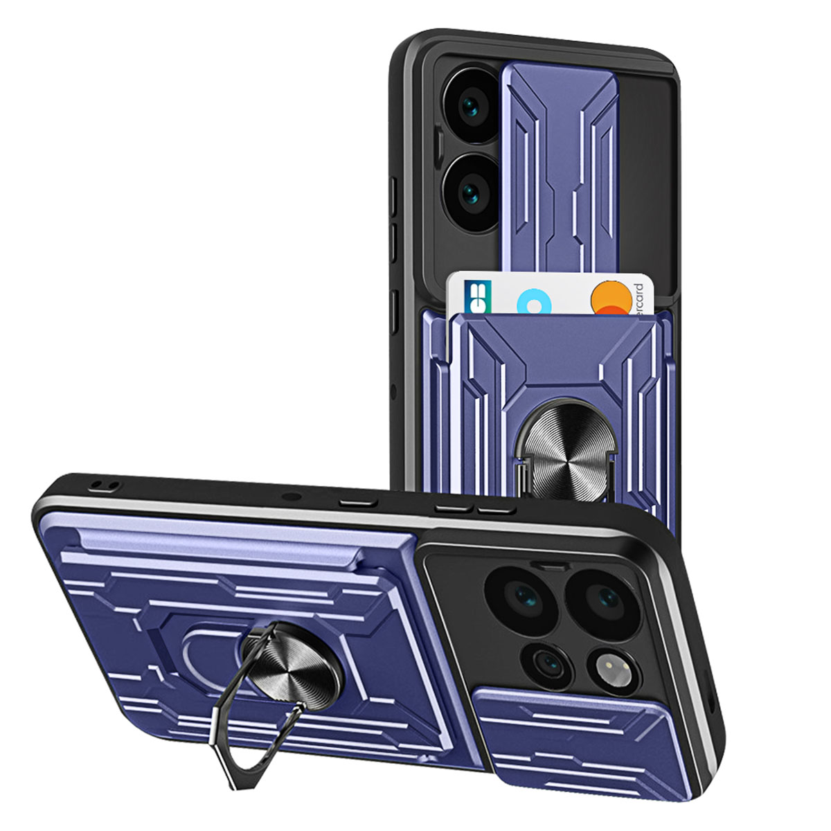 Sono esposte due custodie per telefono nere e blu con motivi geometrici. Una ha uno slot per schede e un supporto ad anello. L'altra è davanti.