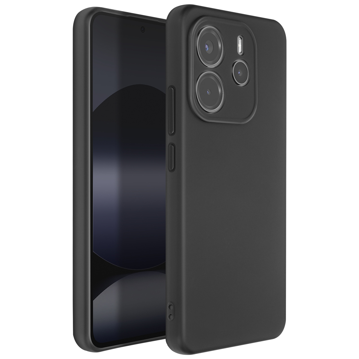 Coque de téléphone noire avec smartphone à l'intérieur. La coque a une découpe caméra et des boutons latéraux. L'écran est visible.