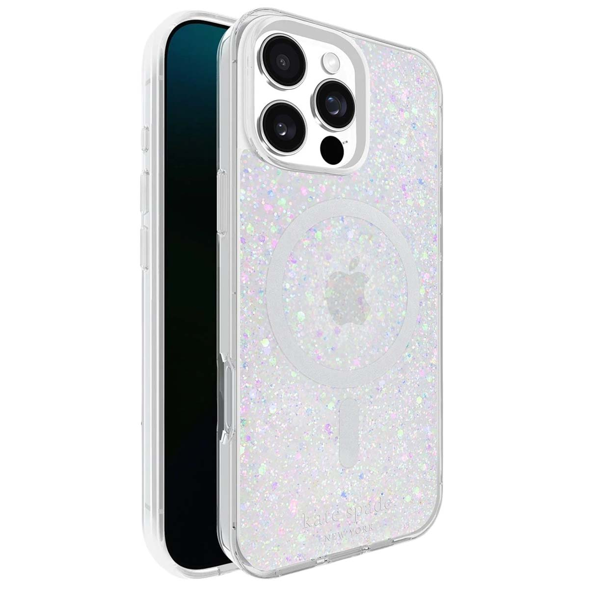 Eine transparente iPhone-Hülle mit Glitzer. Die Hülle schützt das Telefon, das Apple-Logo ist sichtbar. Kate Spade New York-Logo unten.