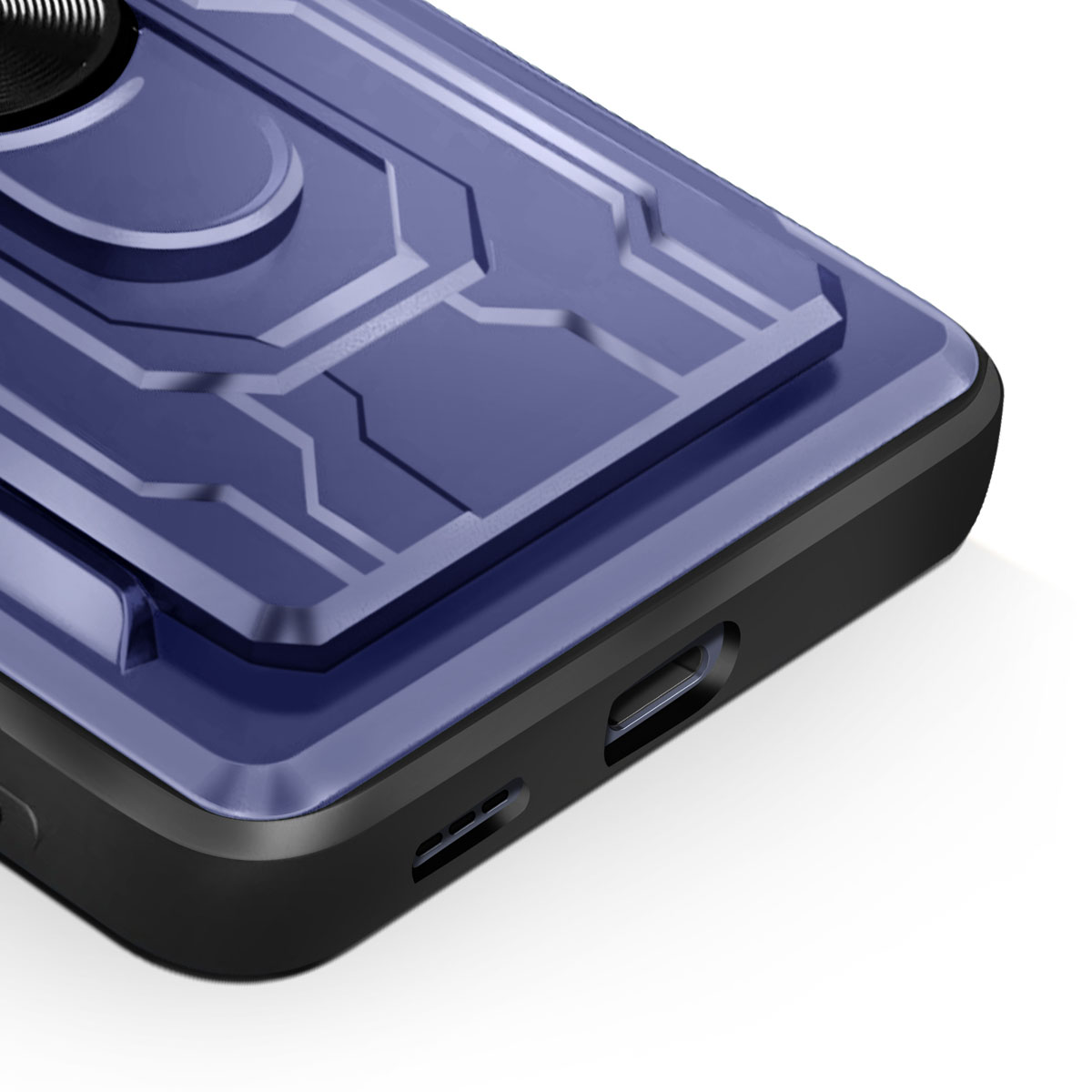 Primo piano di una custodia blu per telefono con motivi geometrici. La custodia ha un bordo nero e un supporto ad anello.