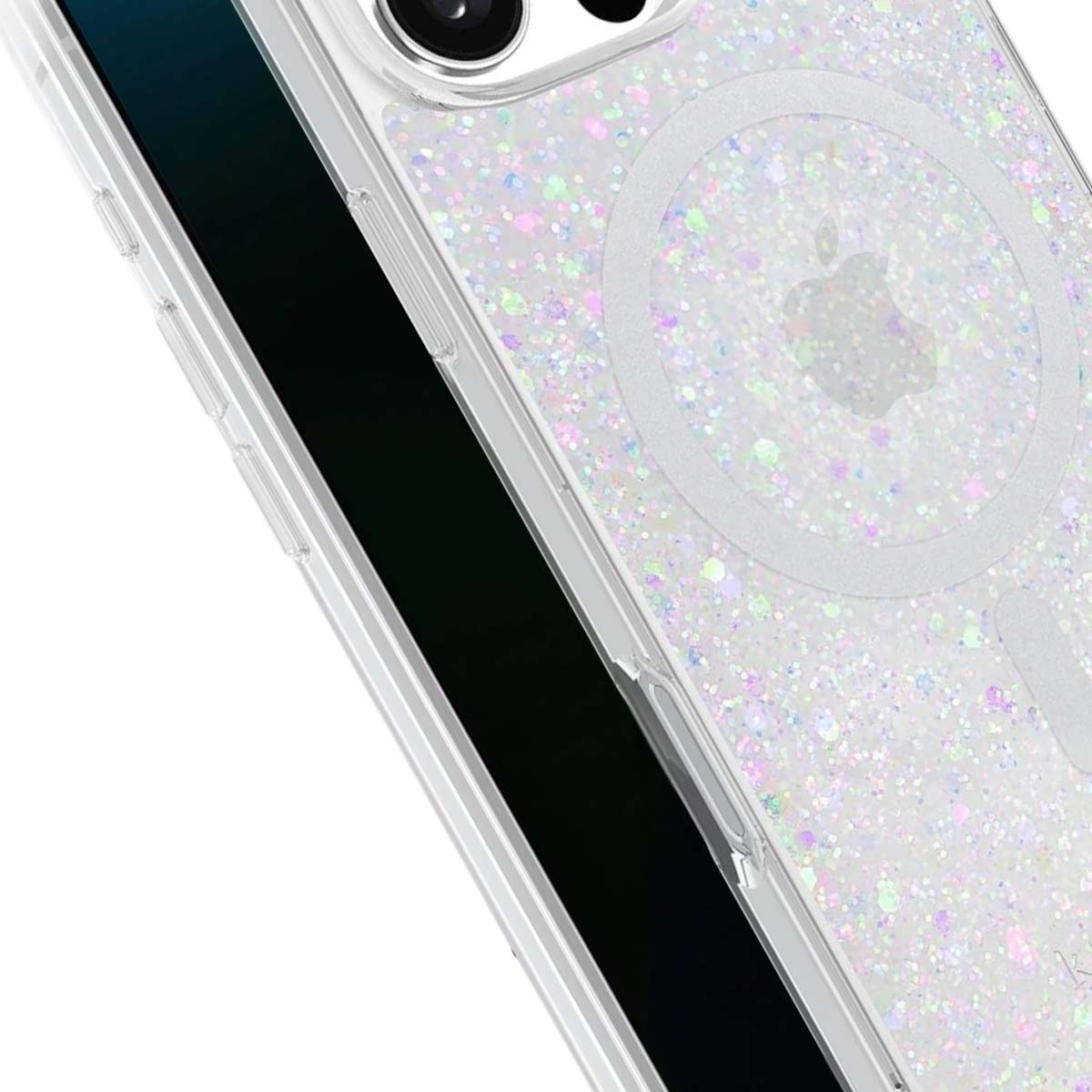 Eine transparente Handyhülle mit Glitzer und einem Apple-Logo. Die Hülle ist teilweise transparent und zeigt einen schwarzen Bildschirm.