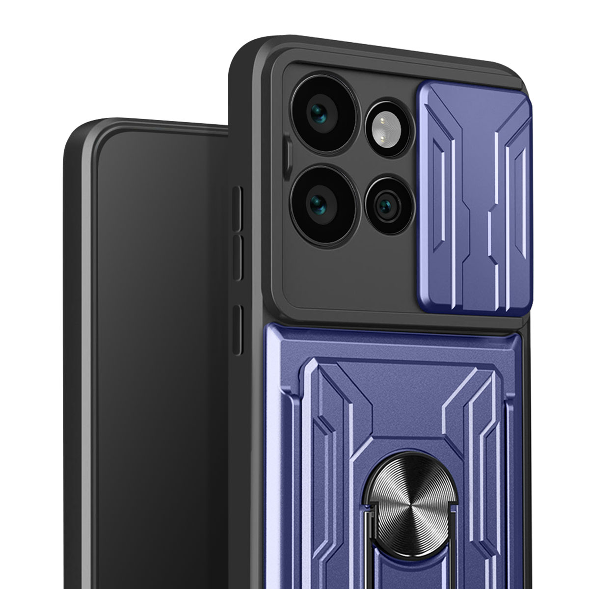 Primo piano di una custodia per telefono con un coperchio scorrevole per fotocamera blu, cornice nera e supporto ad anello argentato.