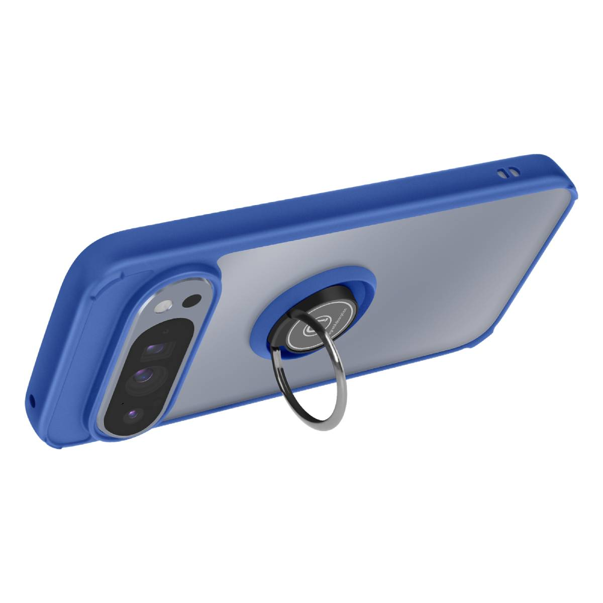 Een blauwe telefoonhoes met een doorzichtige achterkant, bevestigd aan een ringhouder. De hoes heeft een camera en is naar boven gekanteld.