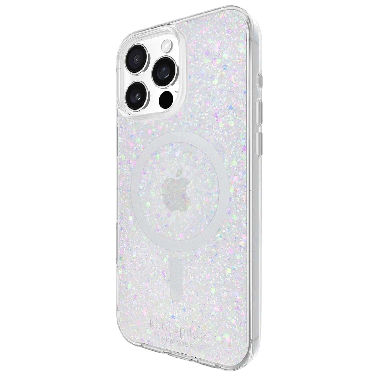 Transparente Handyhülle mit Glitzer und Apple-Logo. Sie hat Kameralinsen und ein Kate Spade New York Logo.