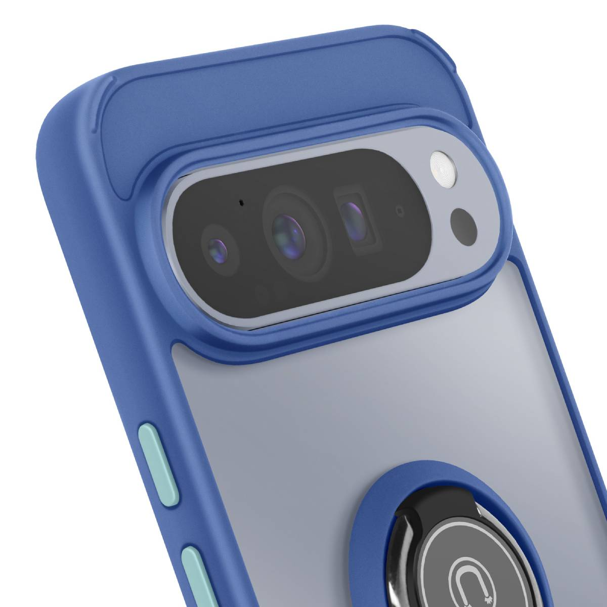 Een blauwe telefoonhoes met een uitsparing voor de camera en een zilveren ringhouder. De hoes is gedeeltelijk transparant. De cameralenzen zijn zichtbaar.