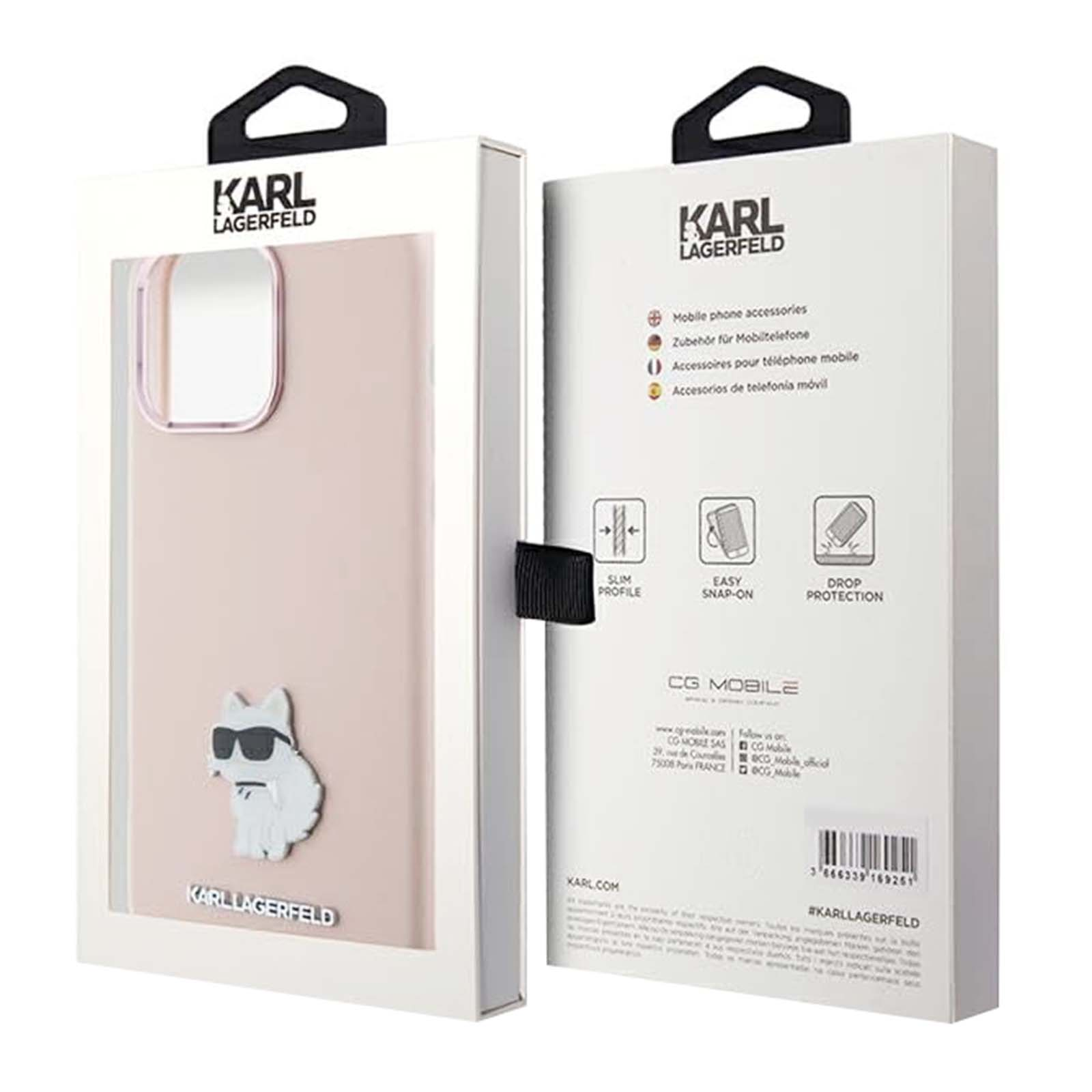 Eine Handyhülle in einer Schachtel. Die Hülle ist rosa mit einem weißen Katzendesign. Die Schachtel hat das Karl Lagerfeld Logo.